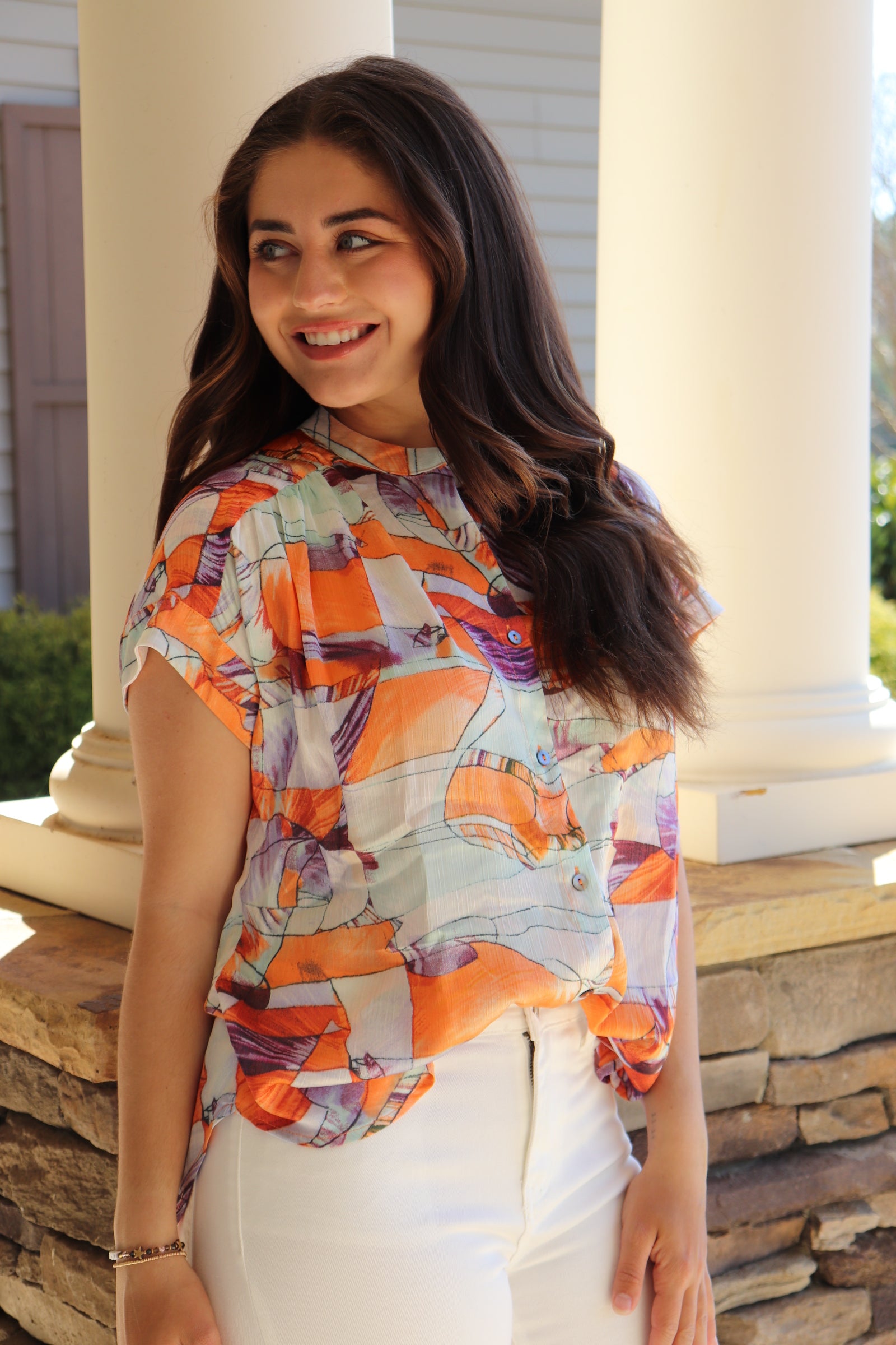 Orange/Purple Print Short Sleeve Blouse