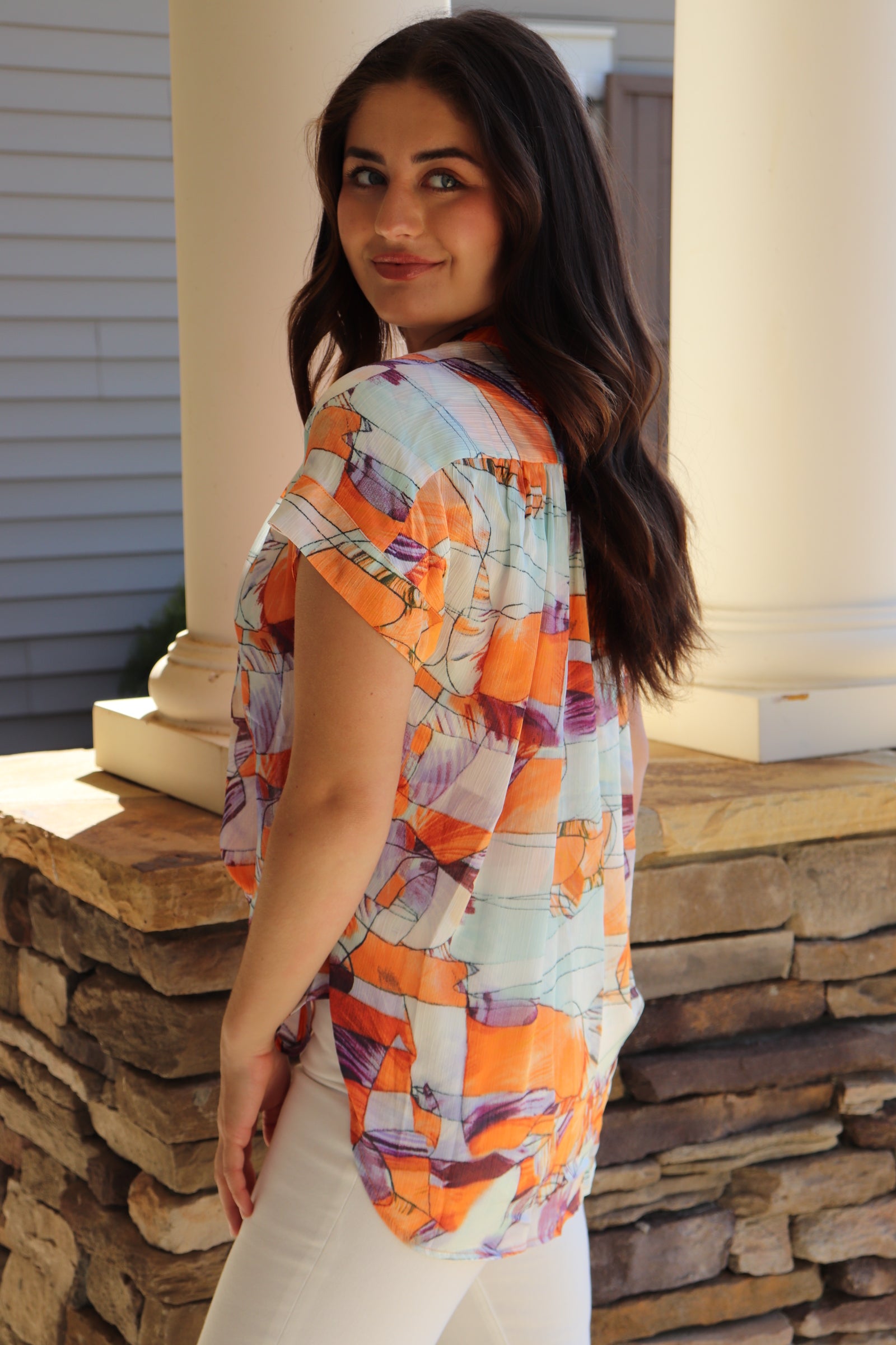 Orange/Purple Print Short Sleeve Blouse