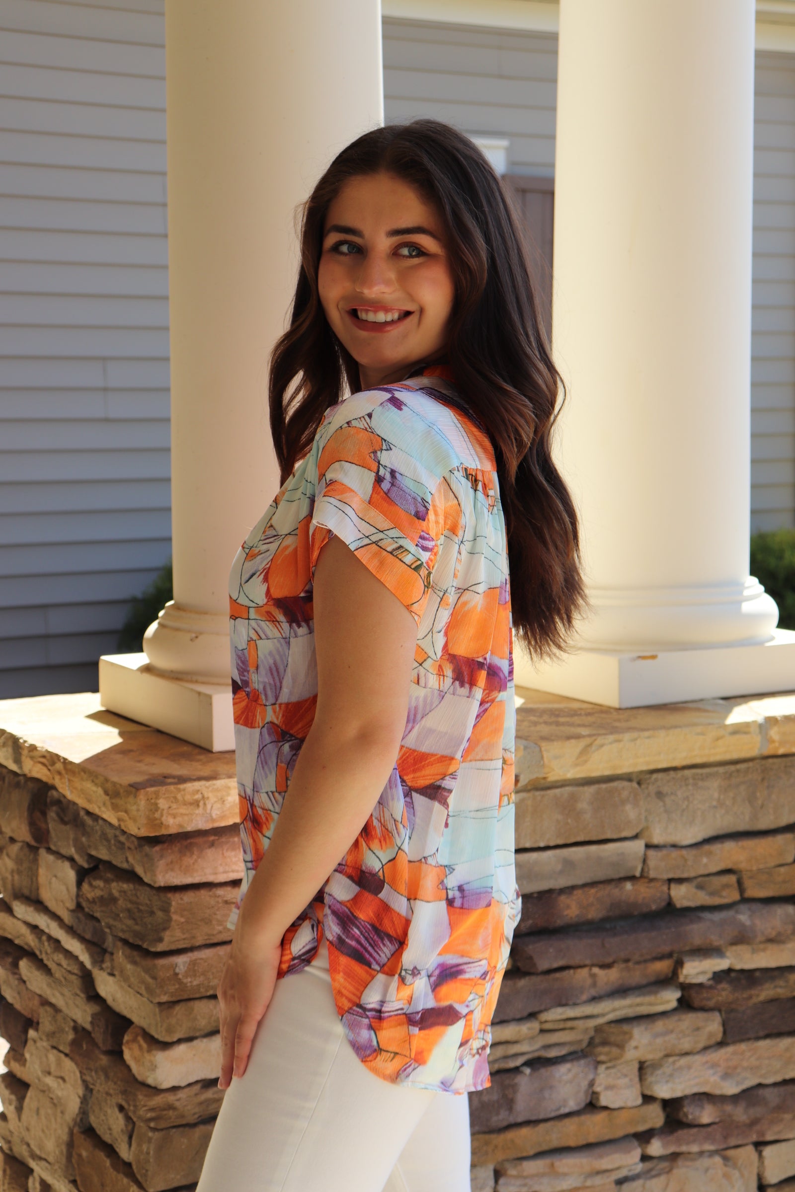 Orange/Purple Print Short Sleeve Blouse