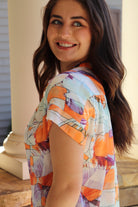 Orange/Purple Print Short Sleeve Blouse