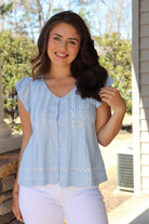 Sky Blue Linen Embroidered Top