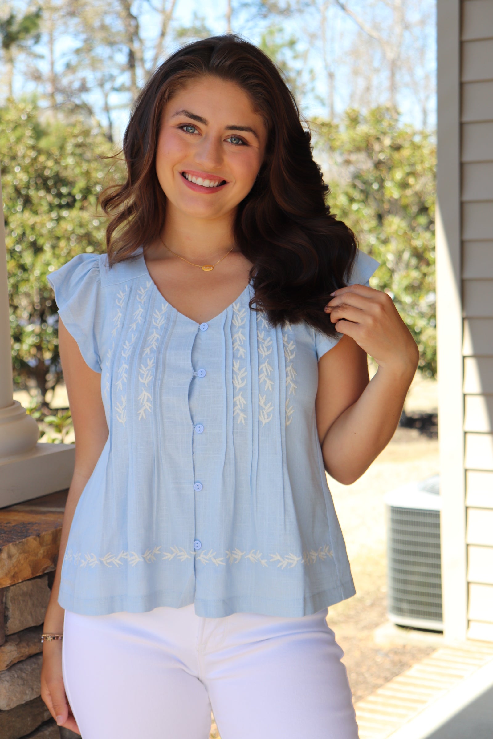 Sky Blue Linen Embroidered Top