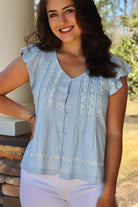 Sky Blue Linen Embroidered Top