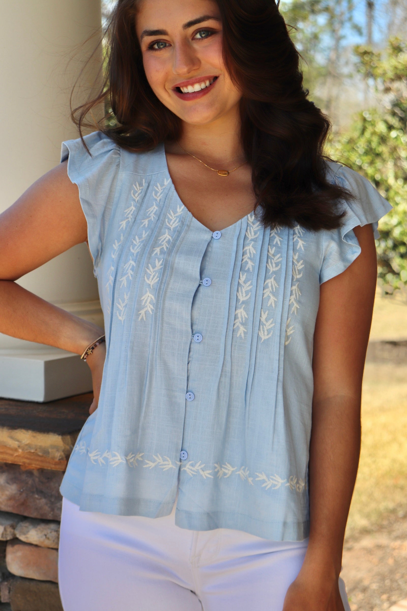 Sky Blue Linen Embroidered Top