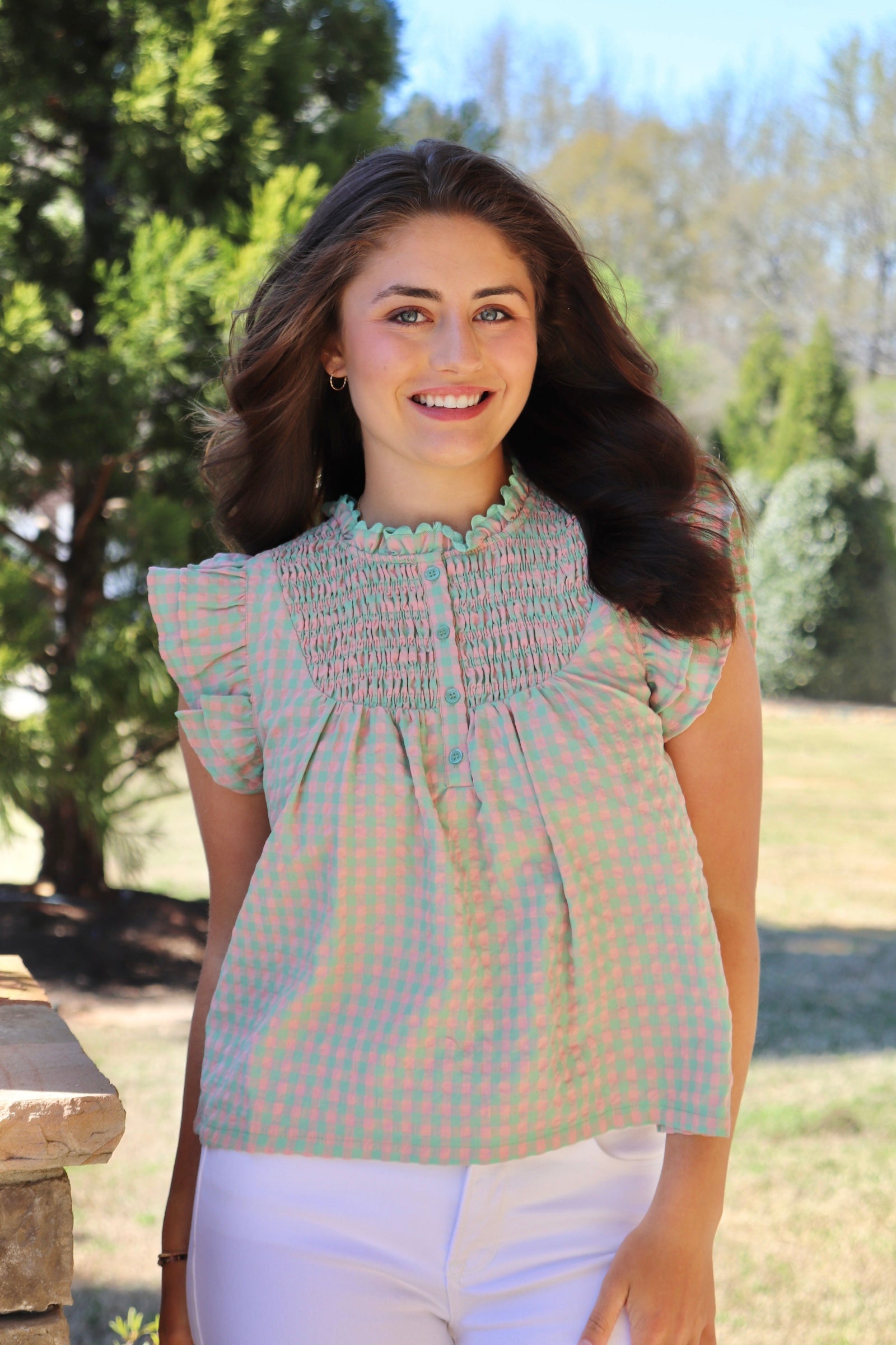 Green & Coral Gingham Short sleeve Top. smocked yoke, flutter sleeves