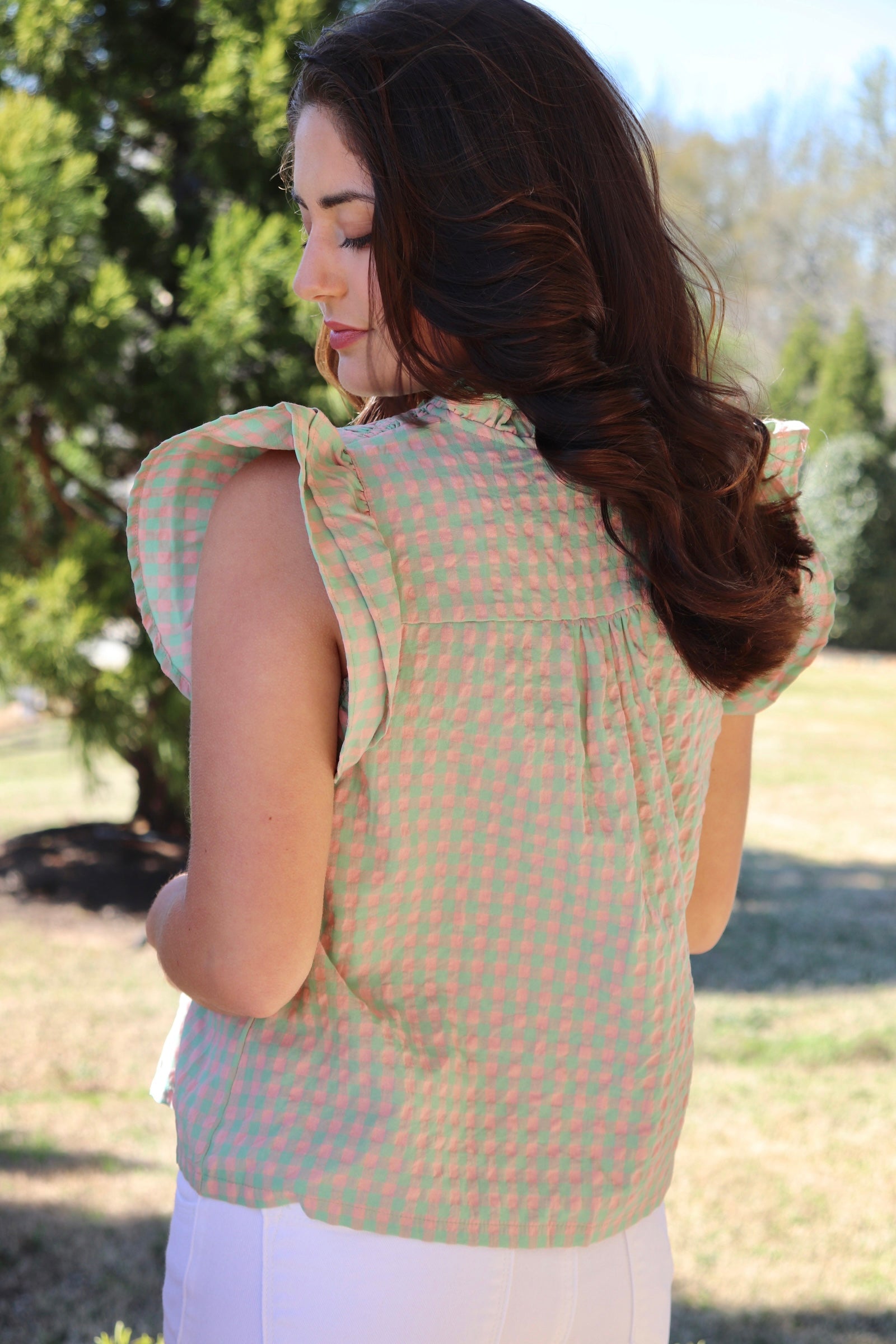 Green & Coral Gingham Short sleeve Top. smocked yoke, flutter sleeves