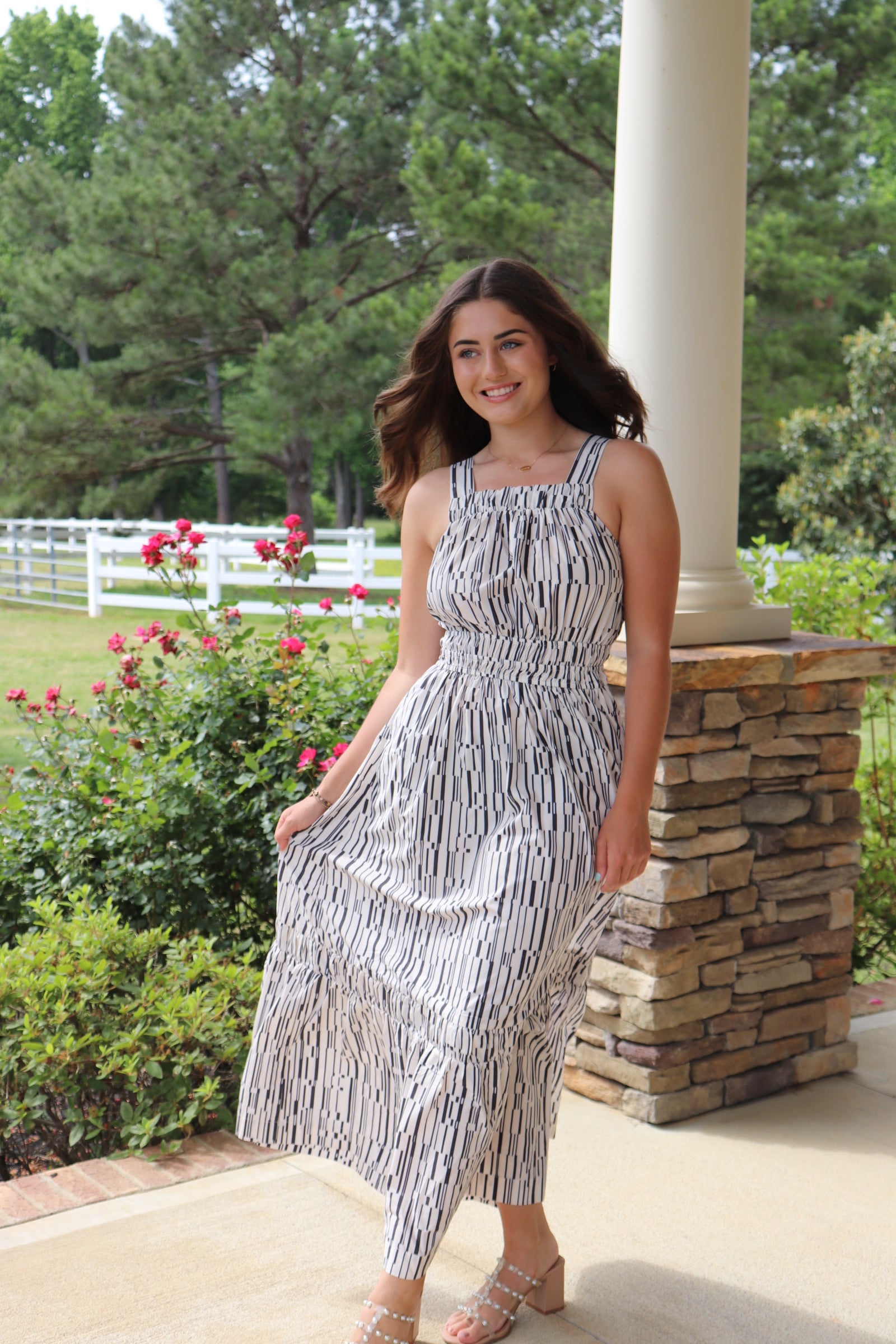 Geometric Gray & Cream Striped Maxi Dress