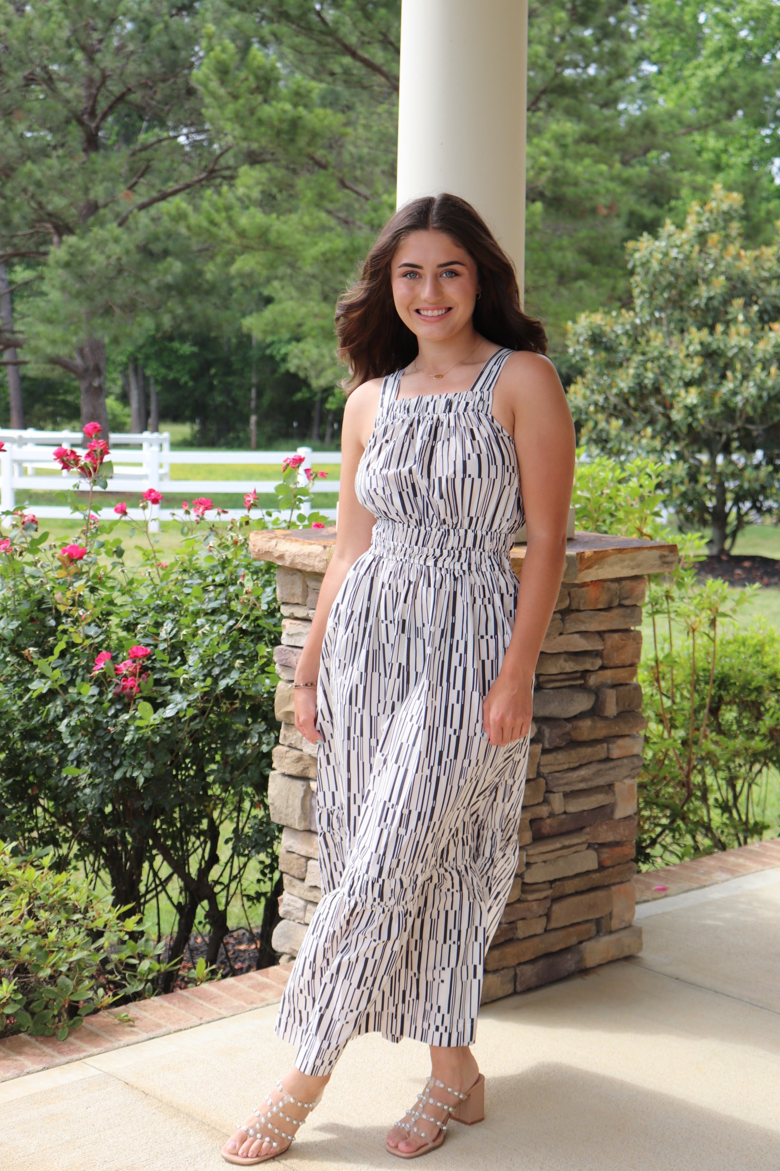 Geometric Gray & Cream Striped Maxi Dress