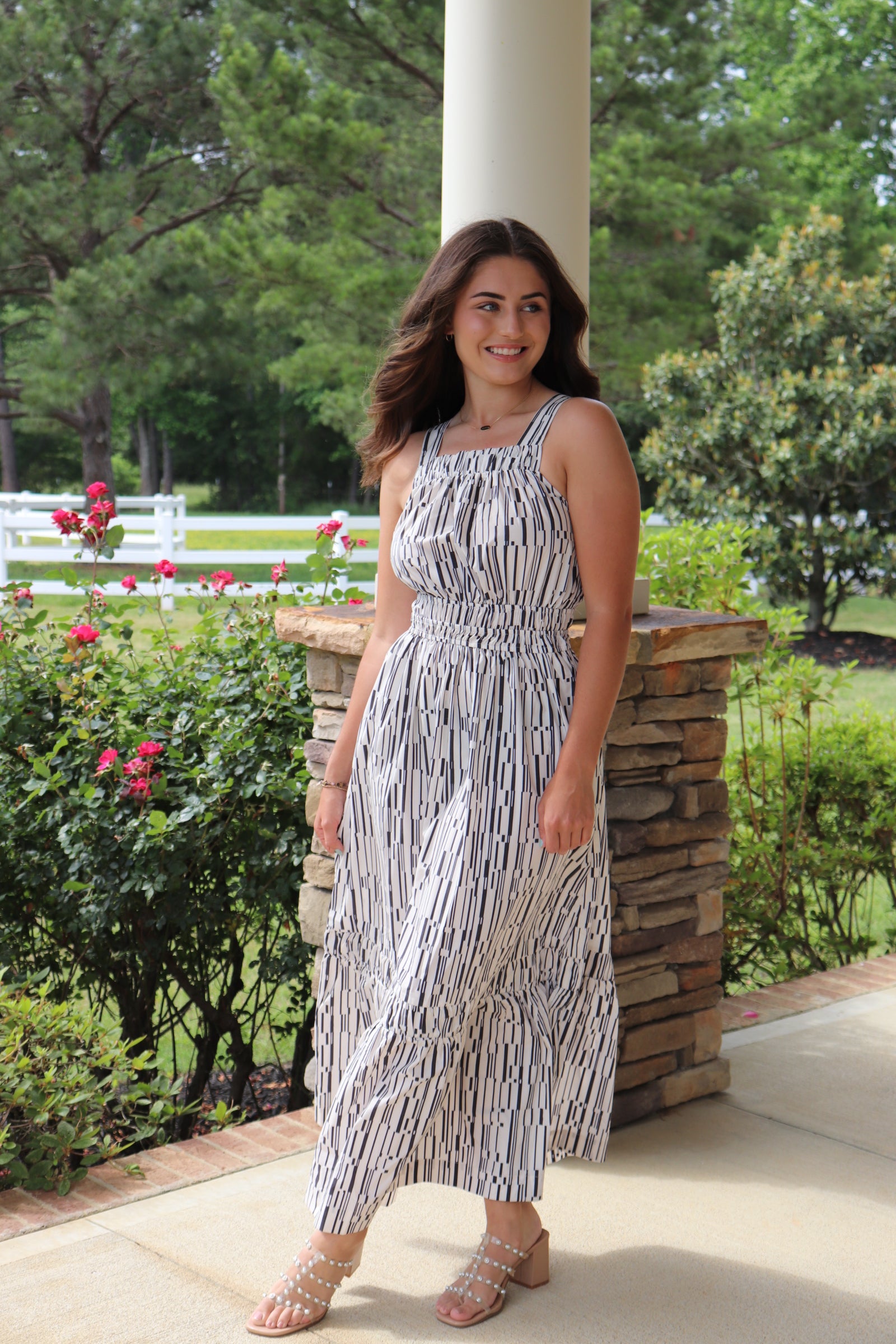 Geometric Gray & Cream Striped Maxi Dress