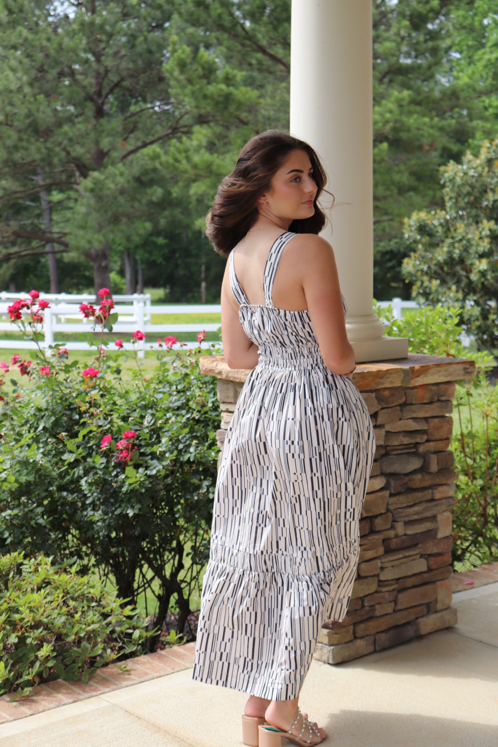 Geometric Gray & Cream Striped Maxi Dress