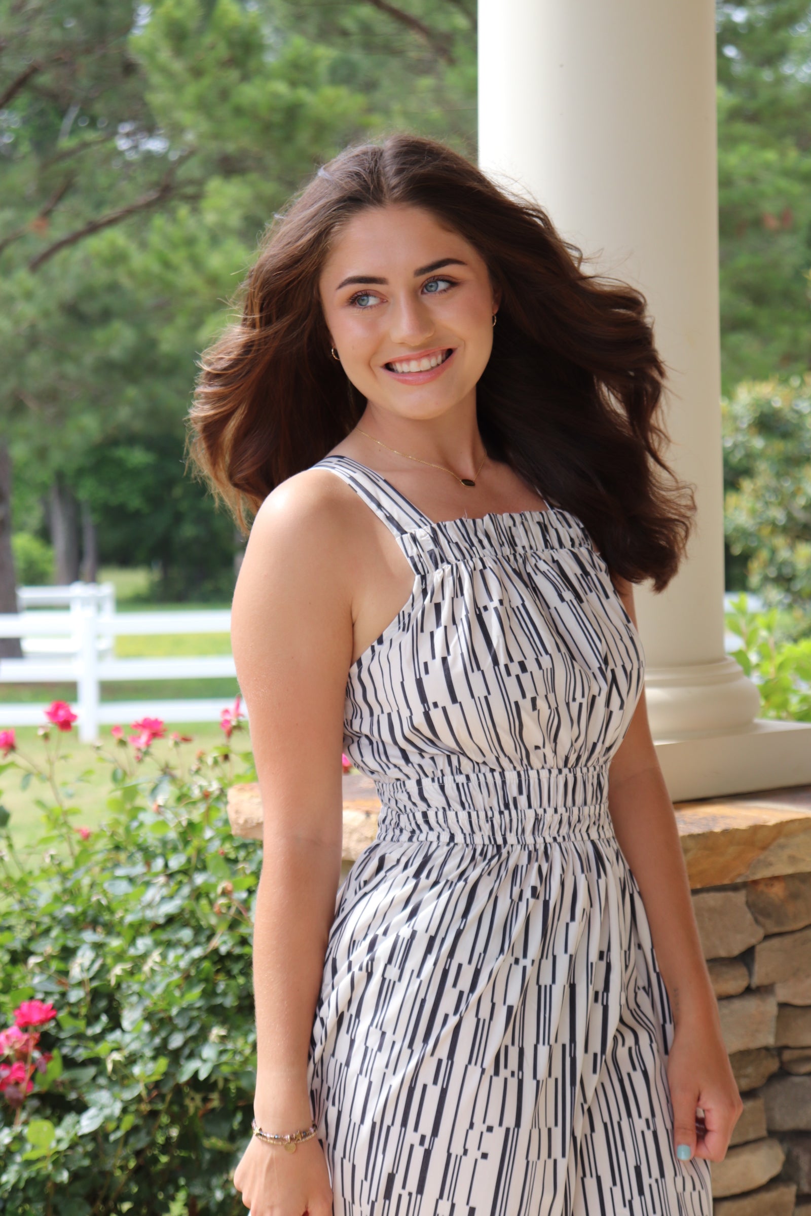 Geometric Gray & Cream Striped Maxi Dress