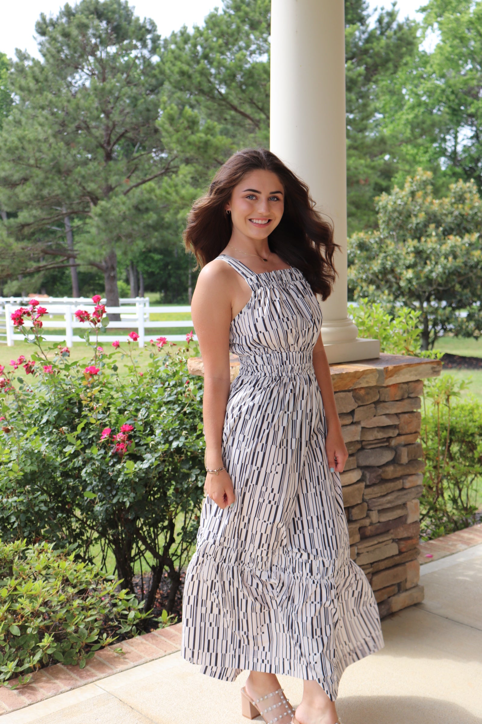 Geometric Gray & Cream Striped Maxi Dress