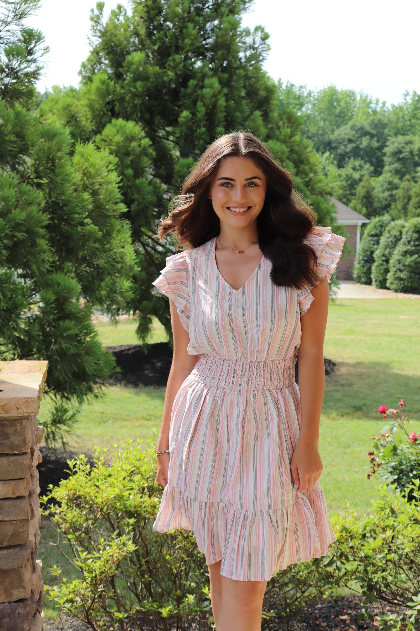 White and pink striped ruffled mini dress