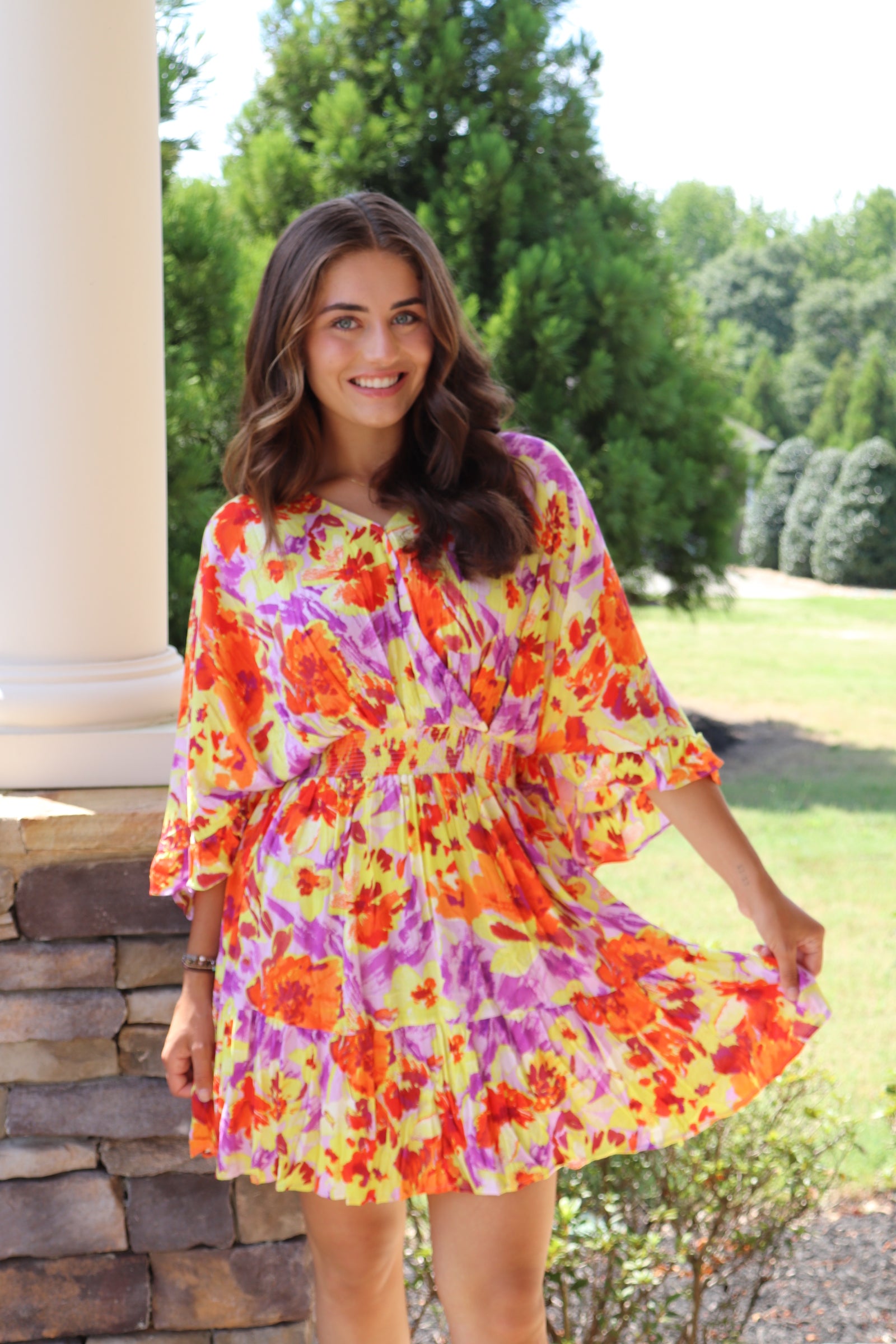 Orange and purple floral mini dress
