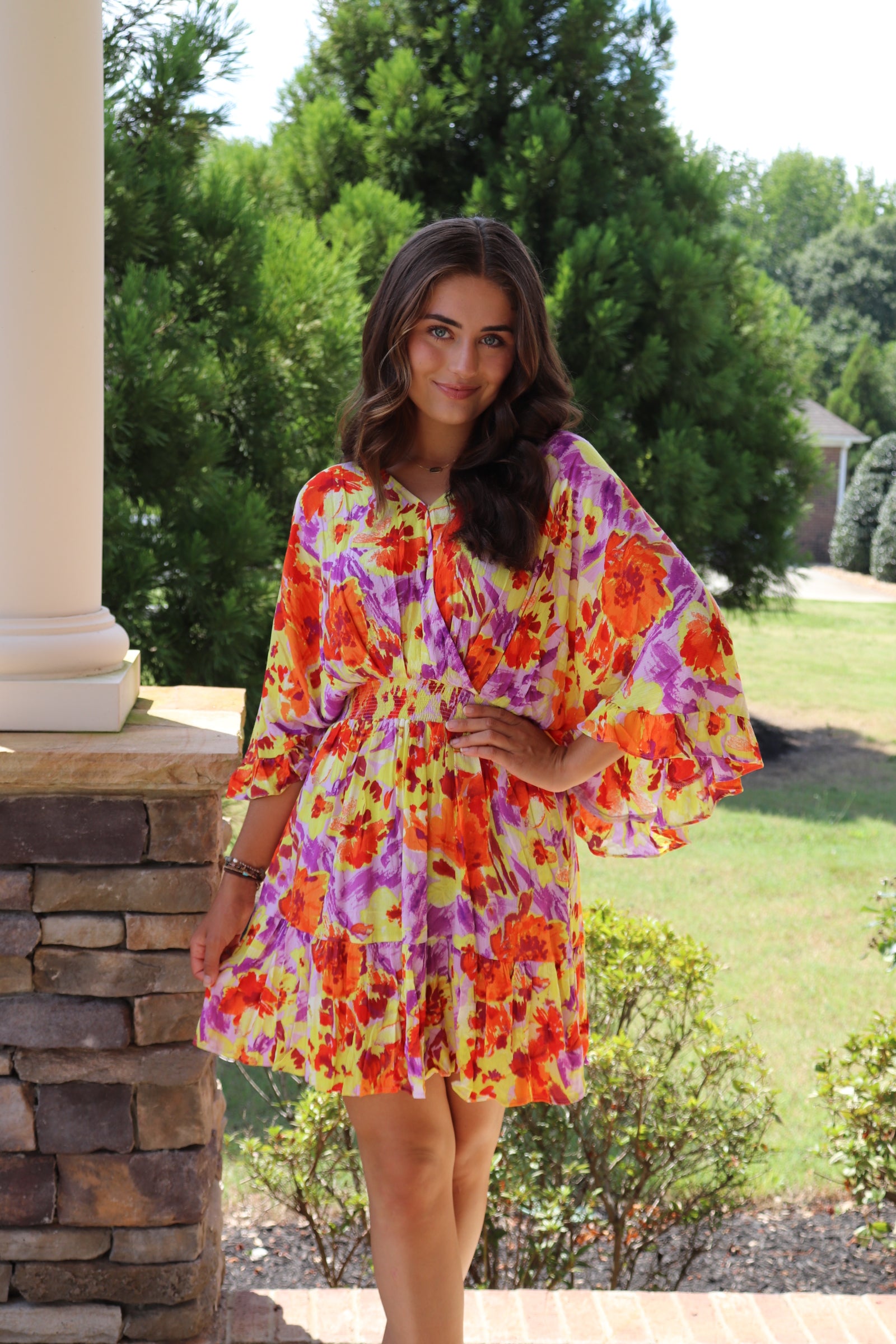 Orange and purple floral mini dress