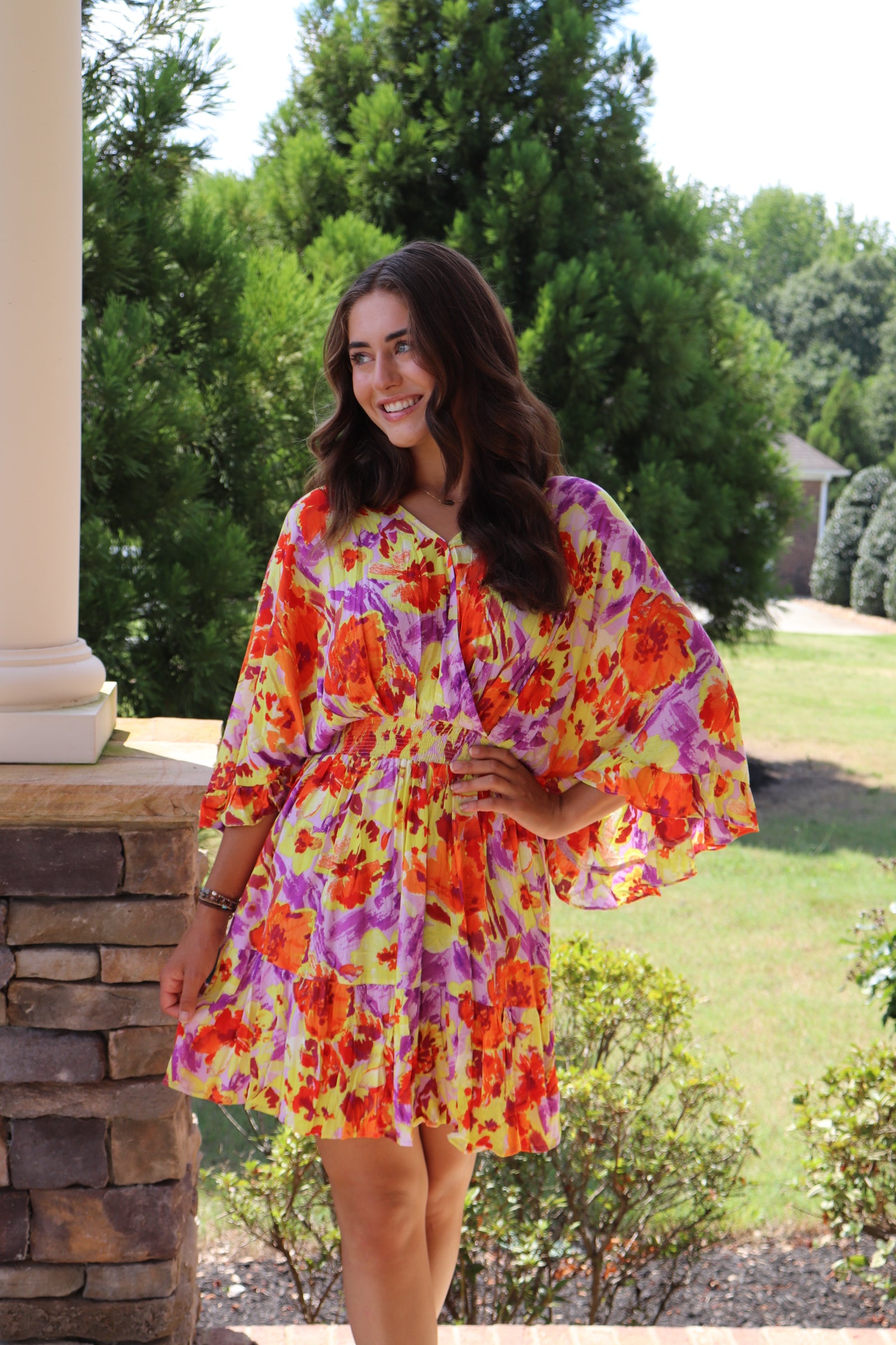 Orange and purple floral mini dress