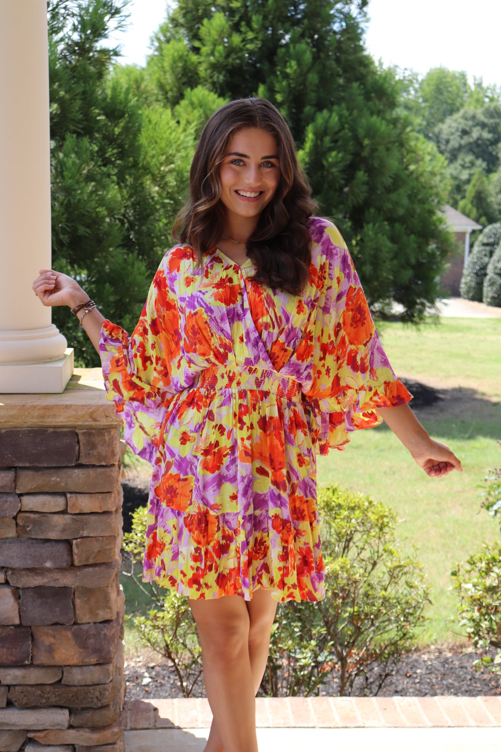 Orange and purple floral mini dress