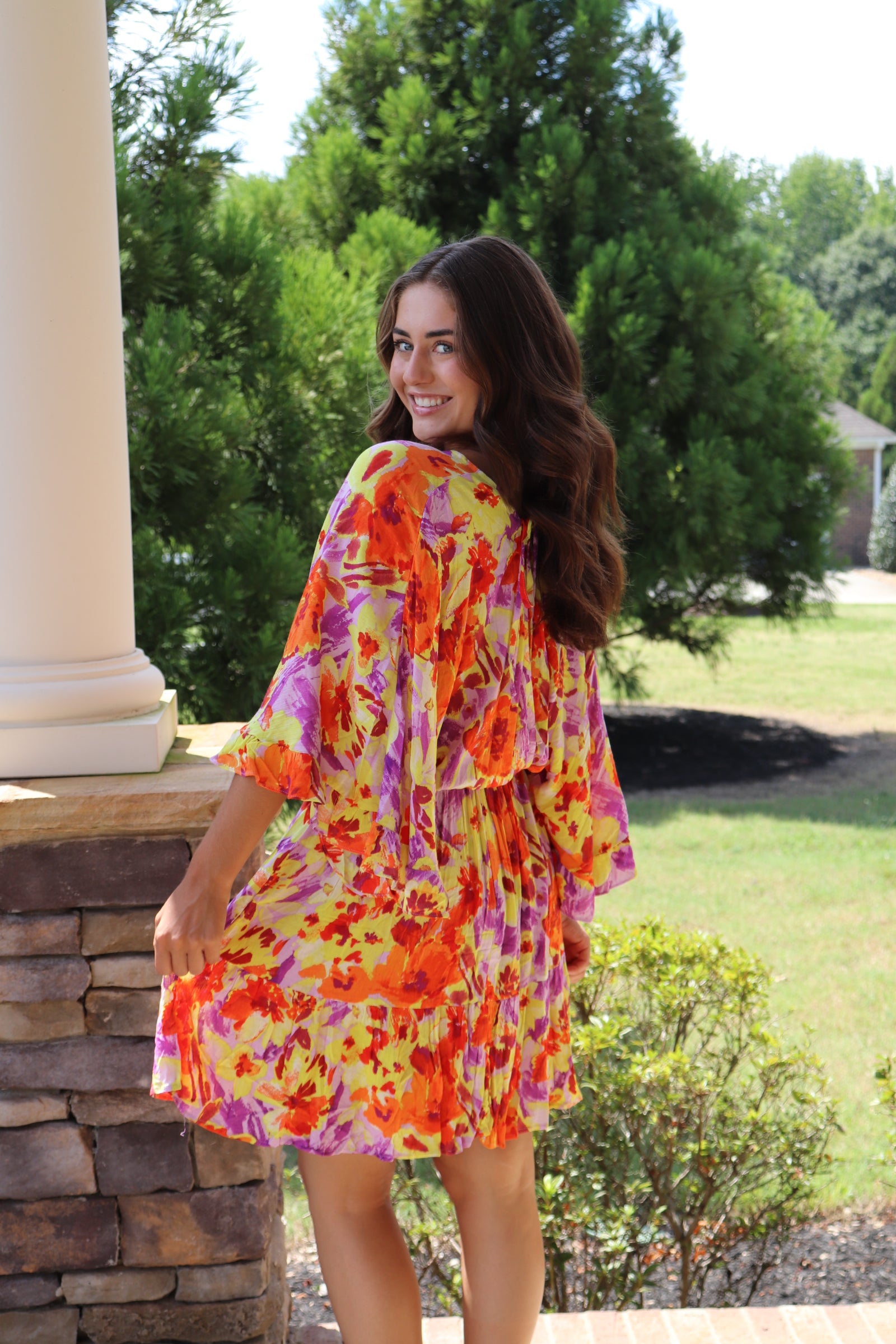 Orange and purple floral mini dress