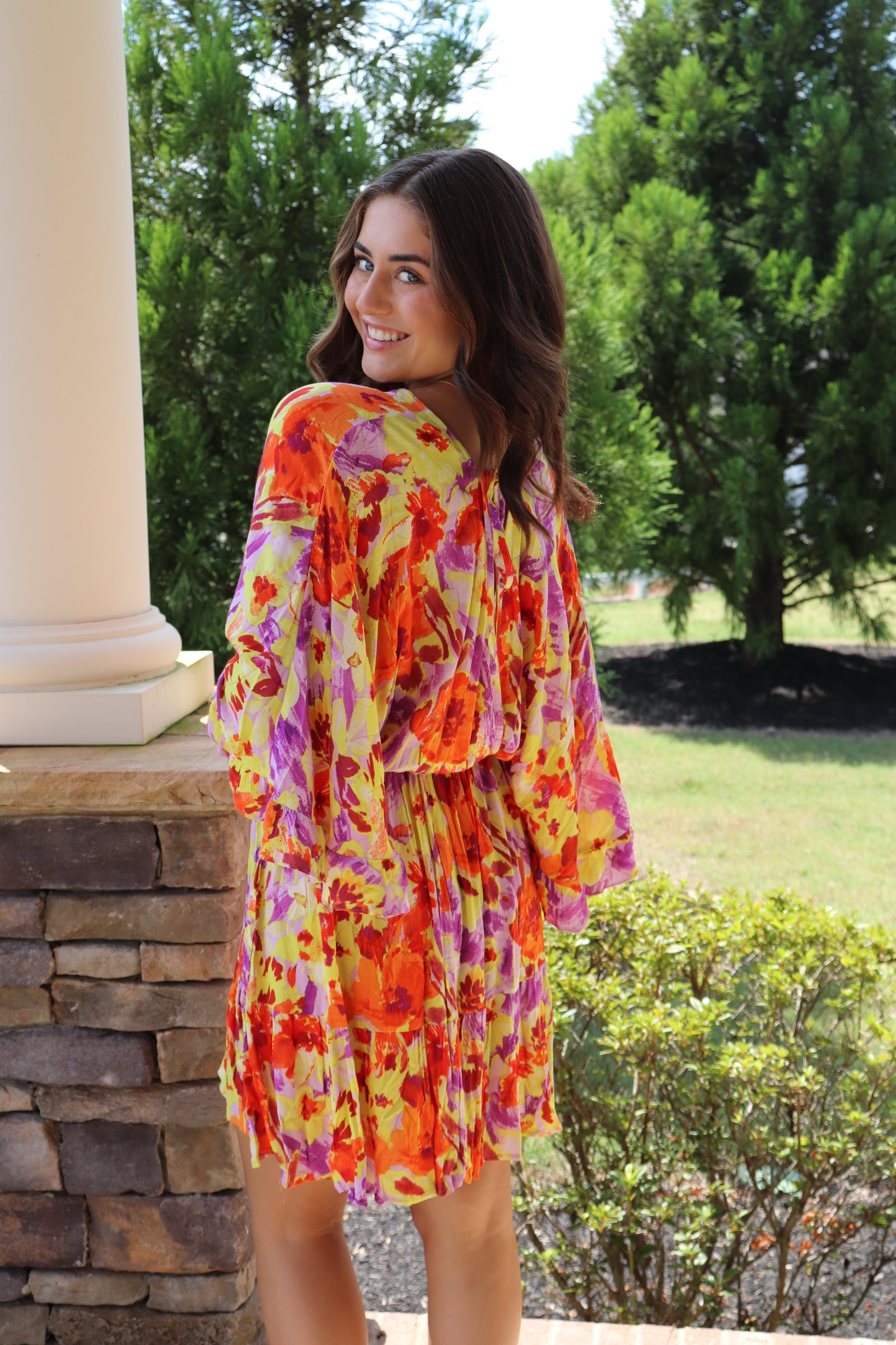 Orange and purple floral mini dress