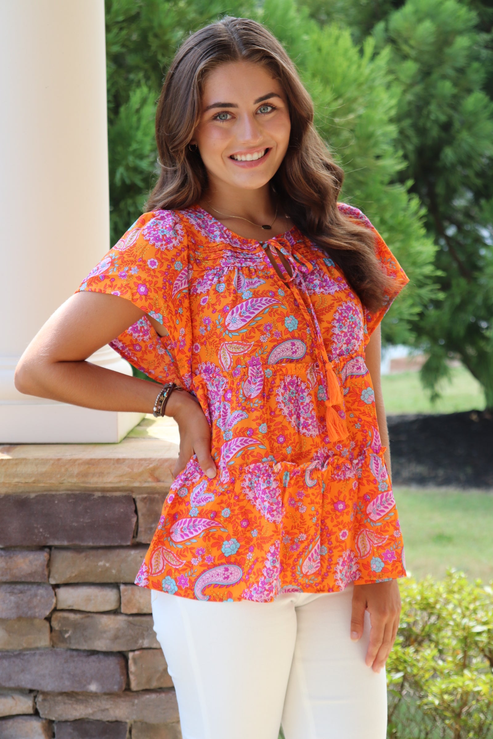 "Camile" Orange/Purple Paisley Top