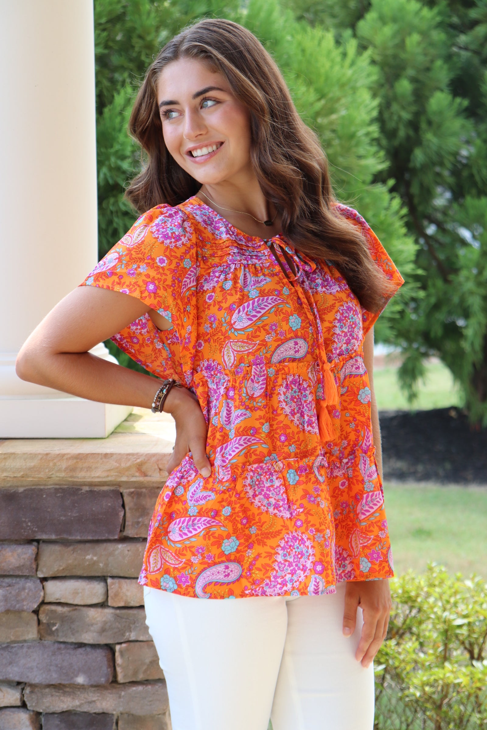"Camile" Orange/Purple Paisley Top