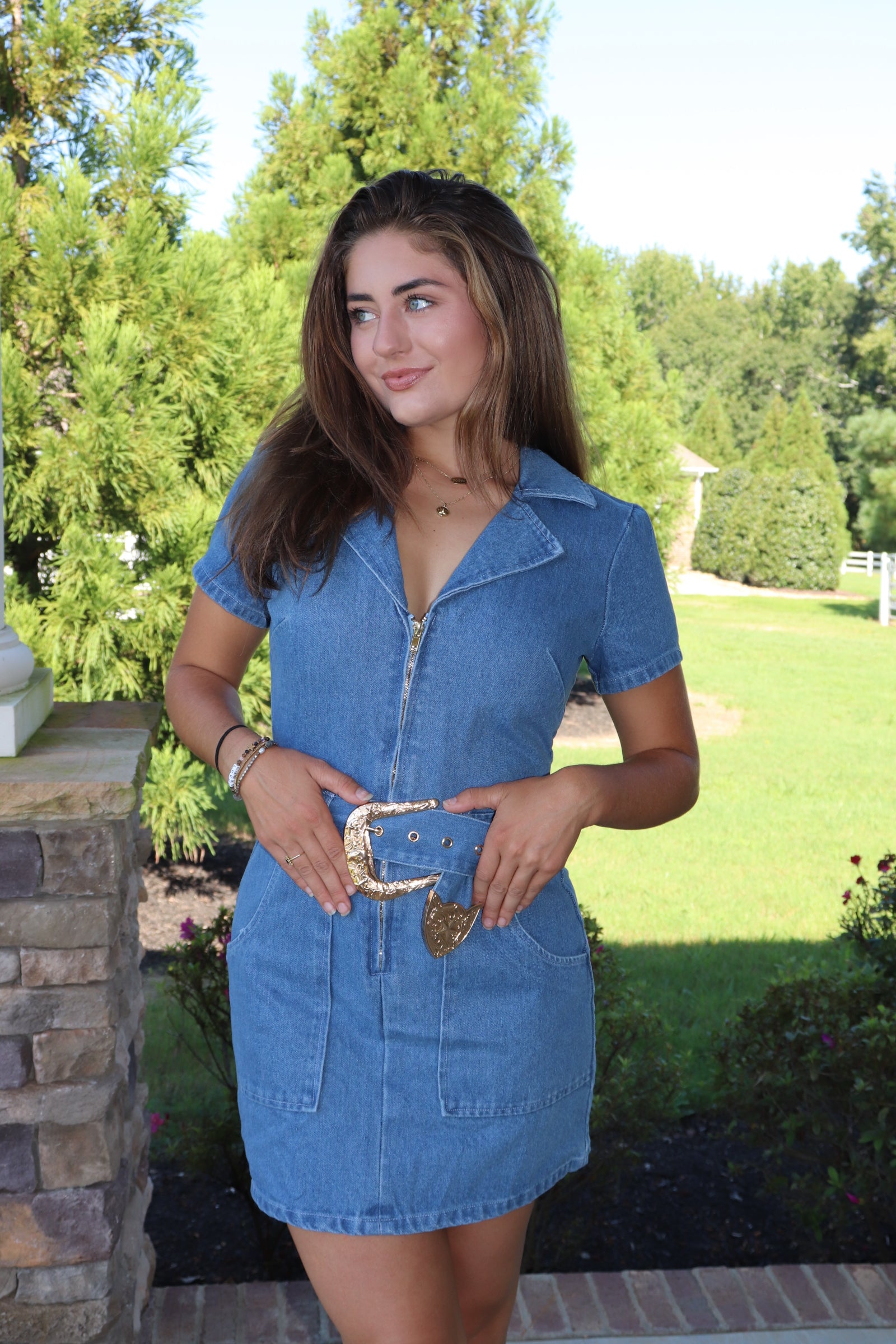 Denim mini dress western silver belt & buckle