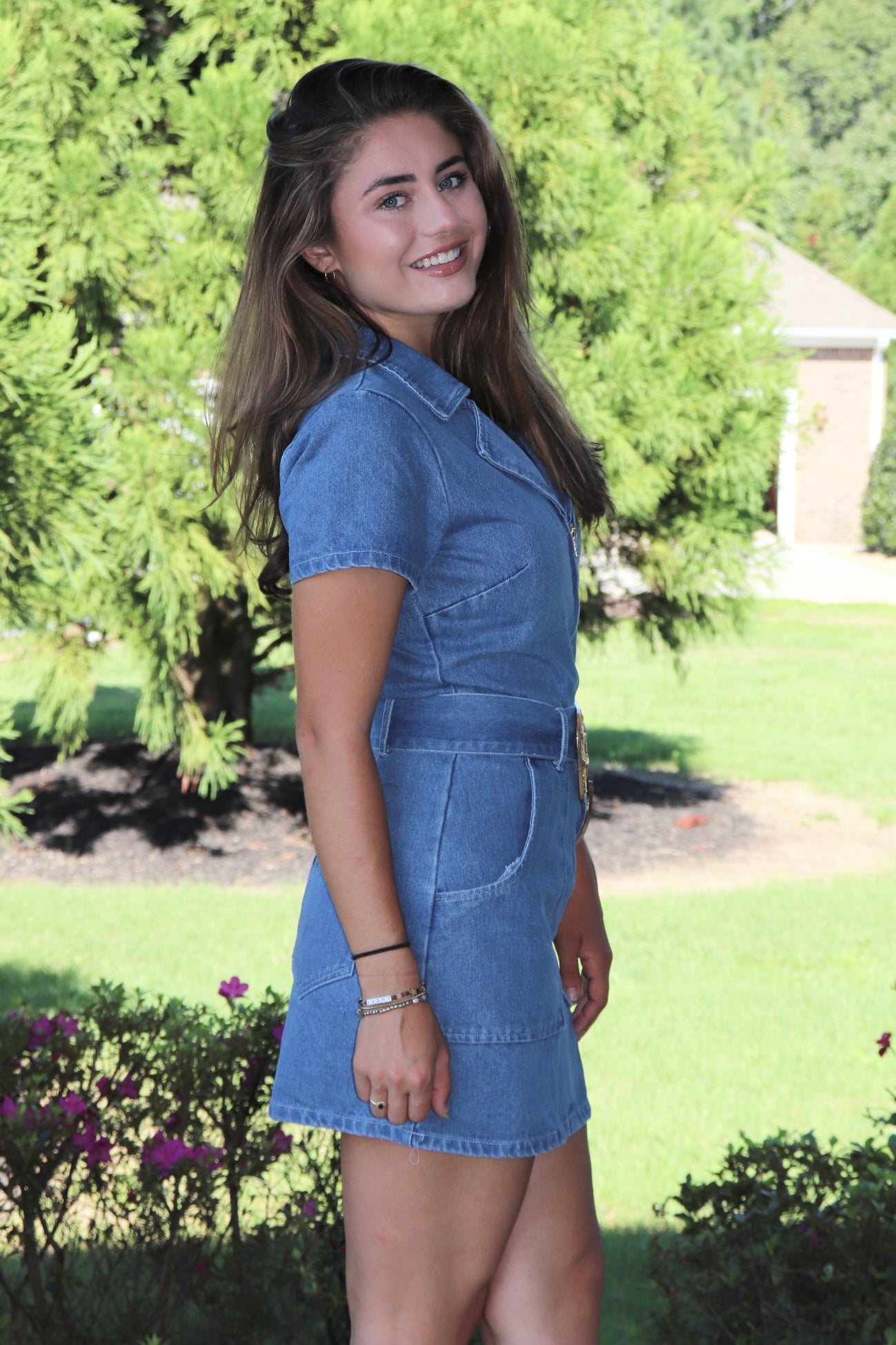 Denim mini dress western silver belt & buckle