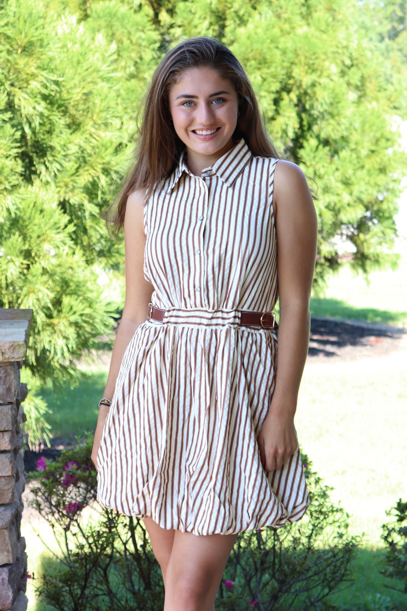 Brown & Cream Striped Button-down Shirt Dress