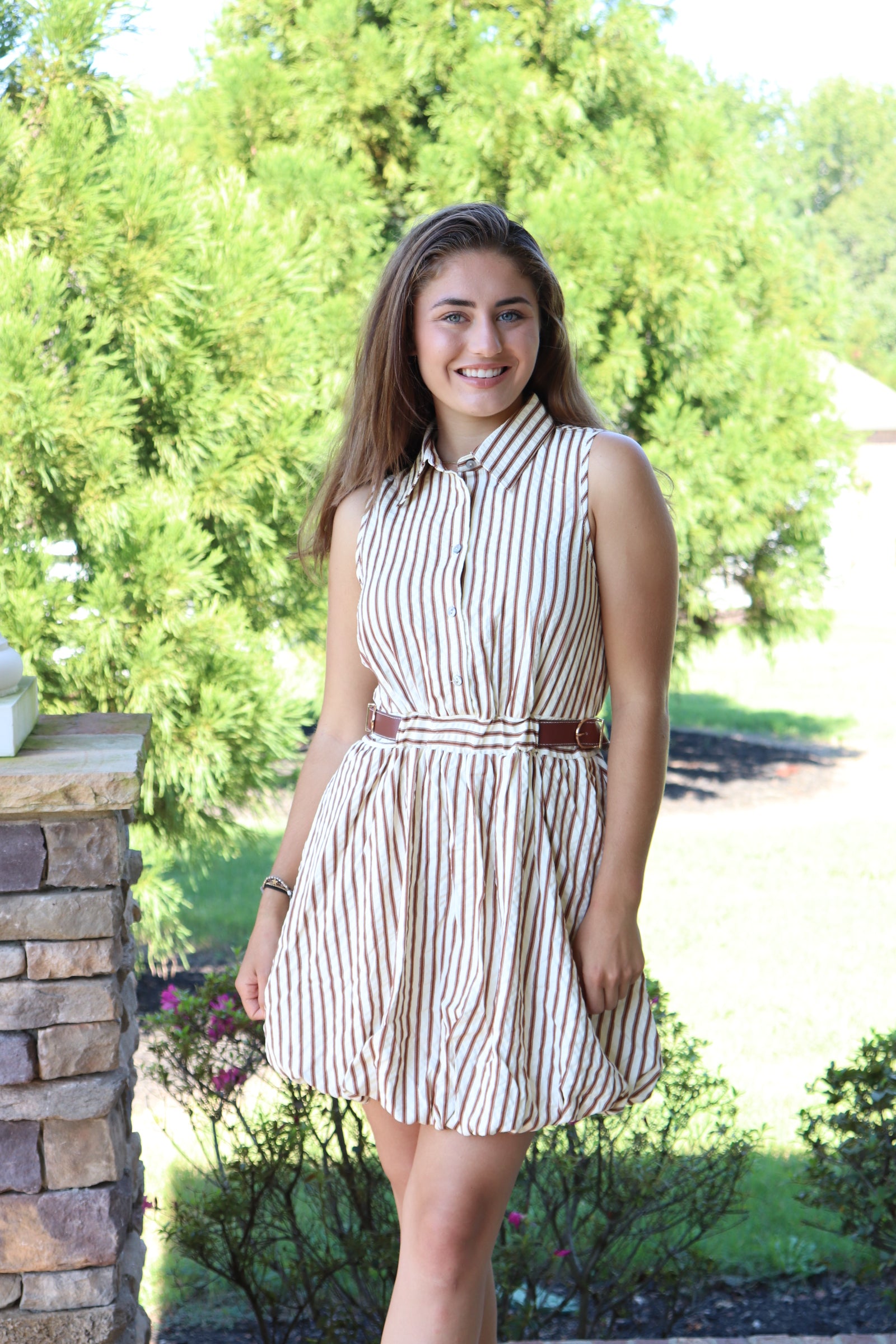 Brown & Cream Striped Button-down Shirt Dress