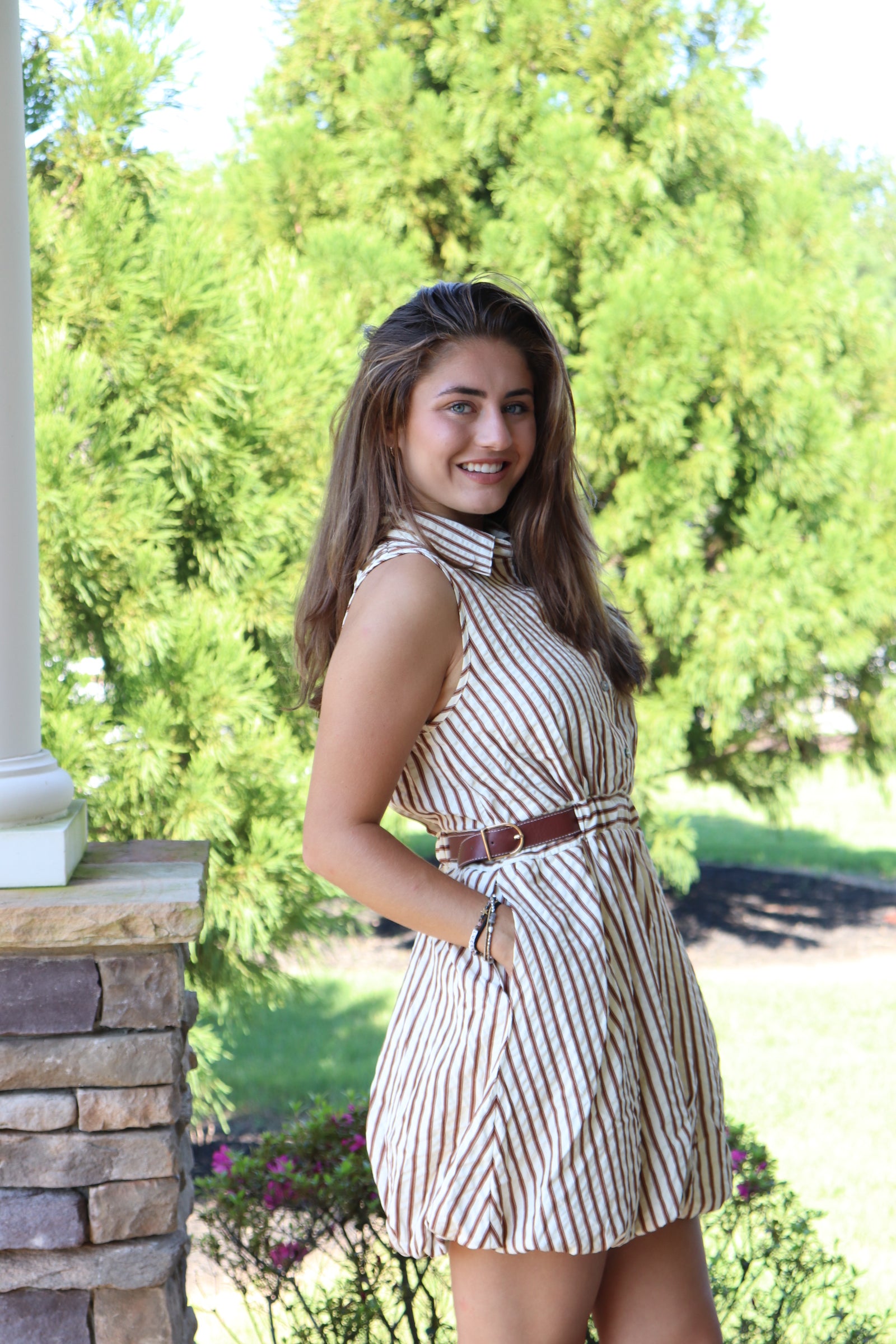 Brown & Cream Striped Button-down Shirt Dress