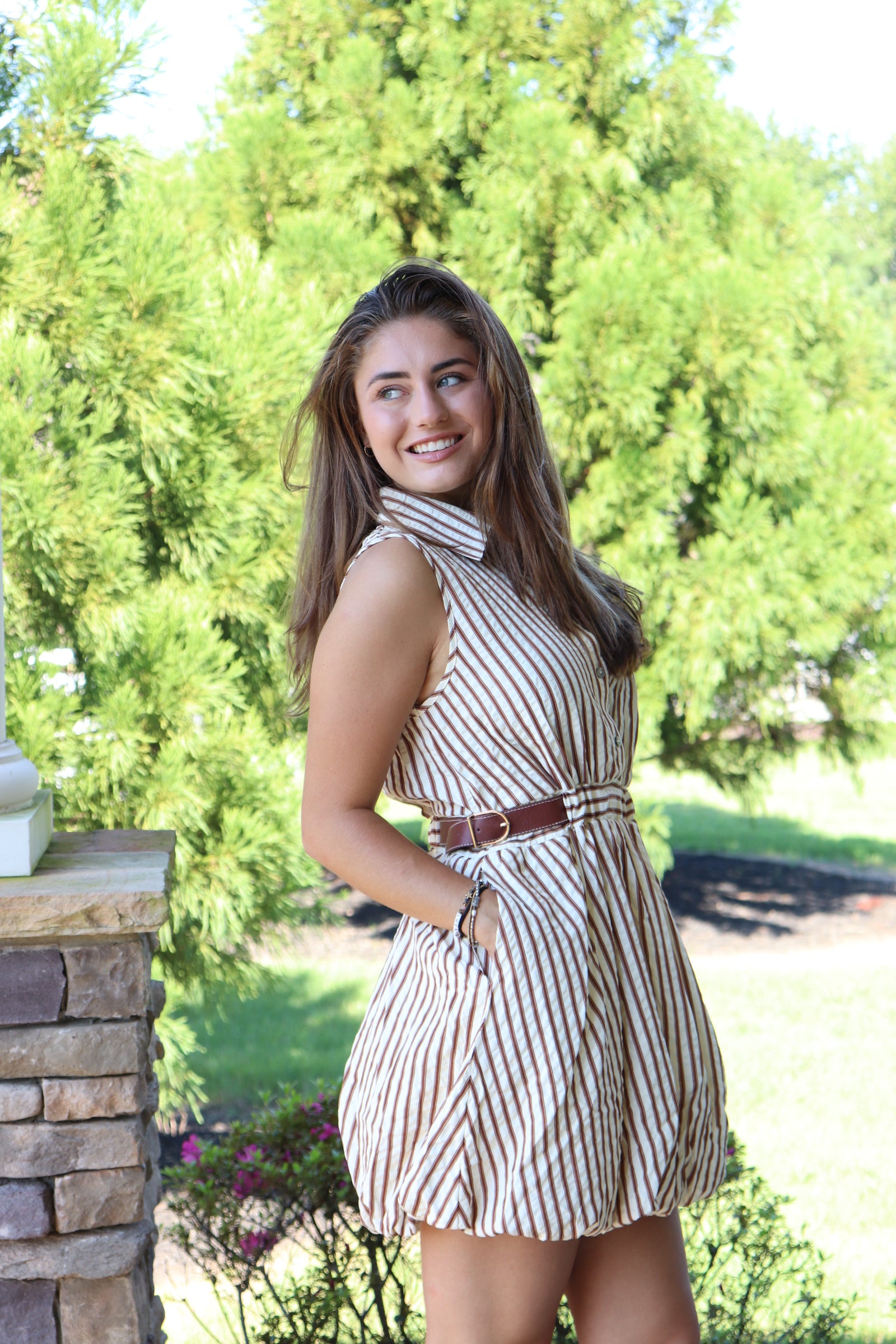 Brown & Cream Striped Button-down Shirt Dress