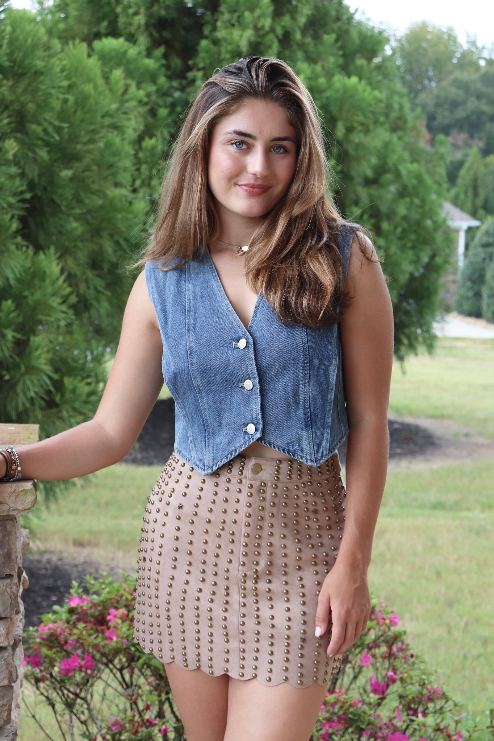 Cropped Denim Vest and taupe suede stud skirt