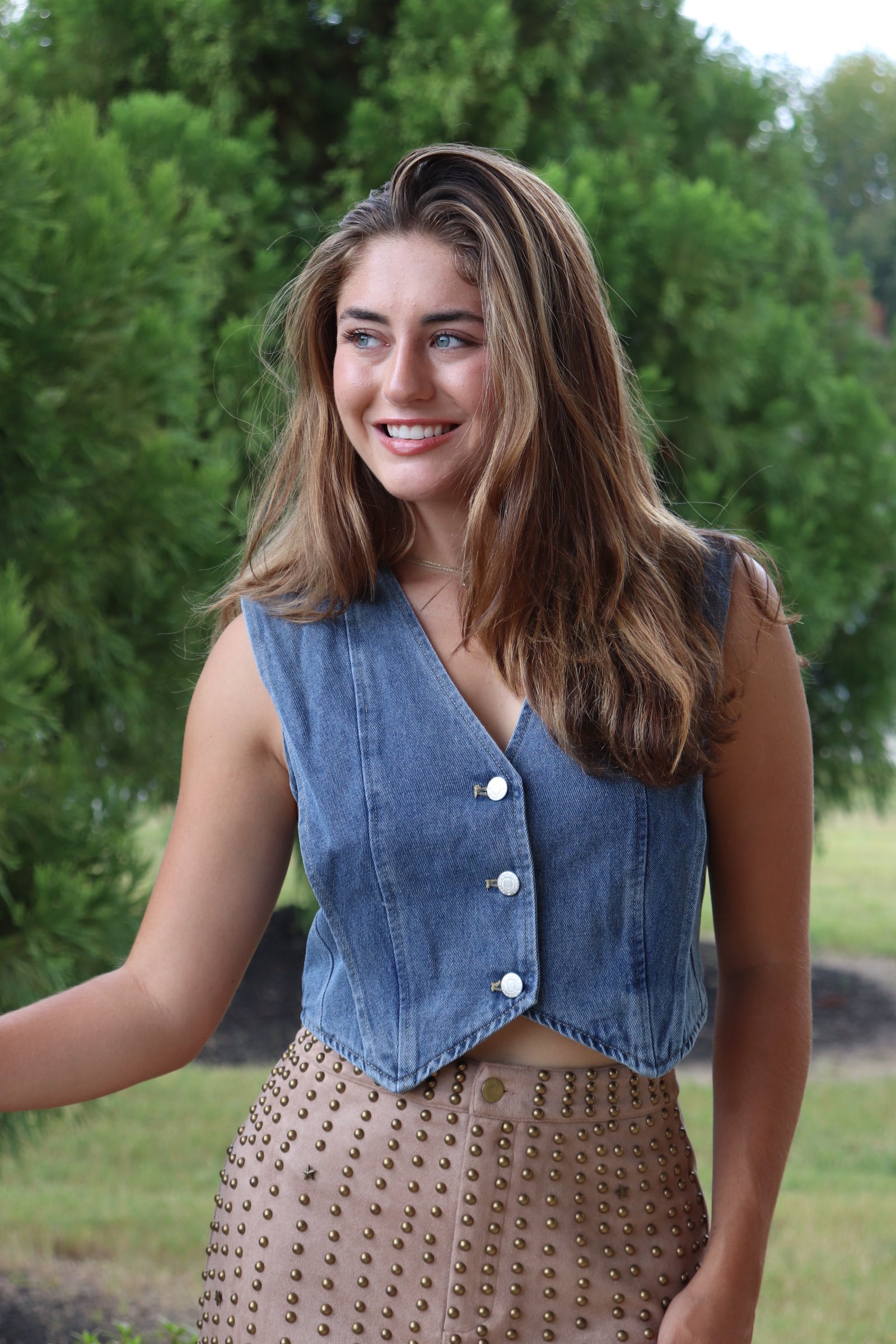 Cropped Denim Vest and taupe suede stud skirt