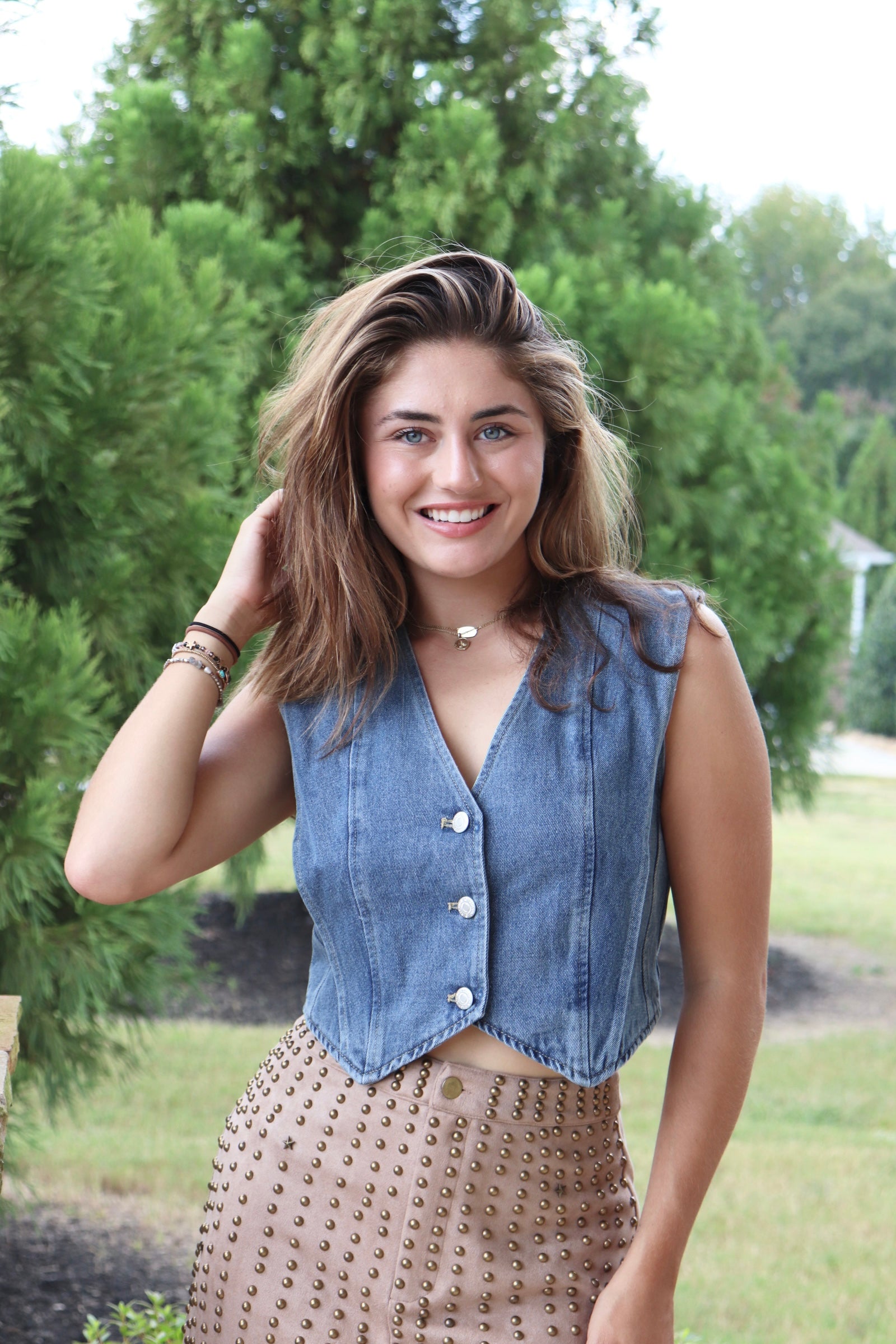 Cropped Denim Vest and taupe suede stud skirt