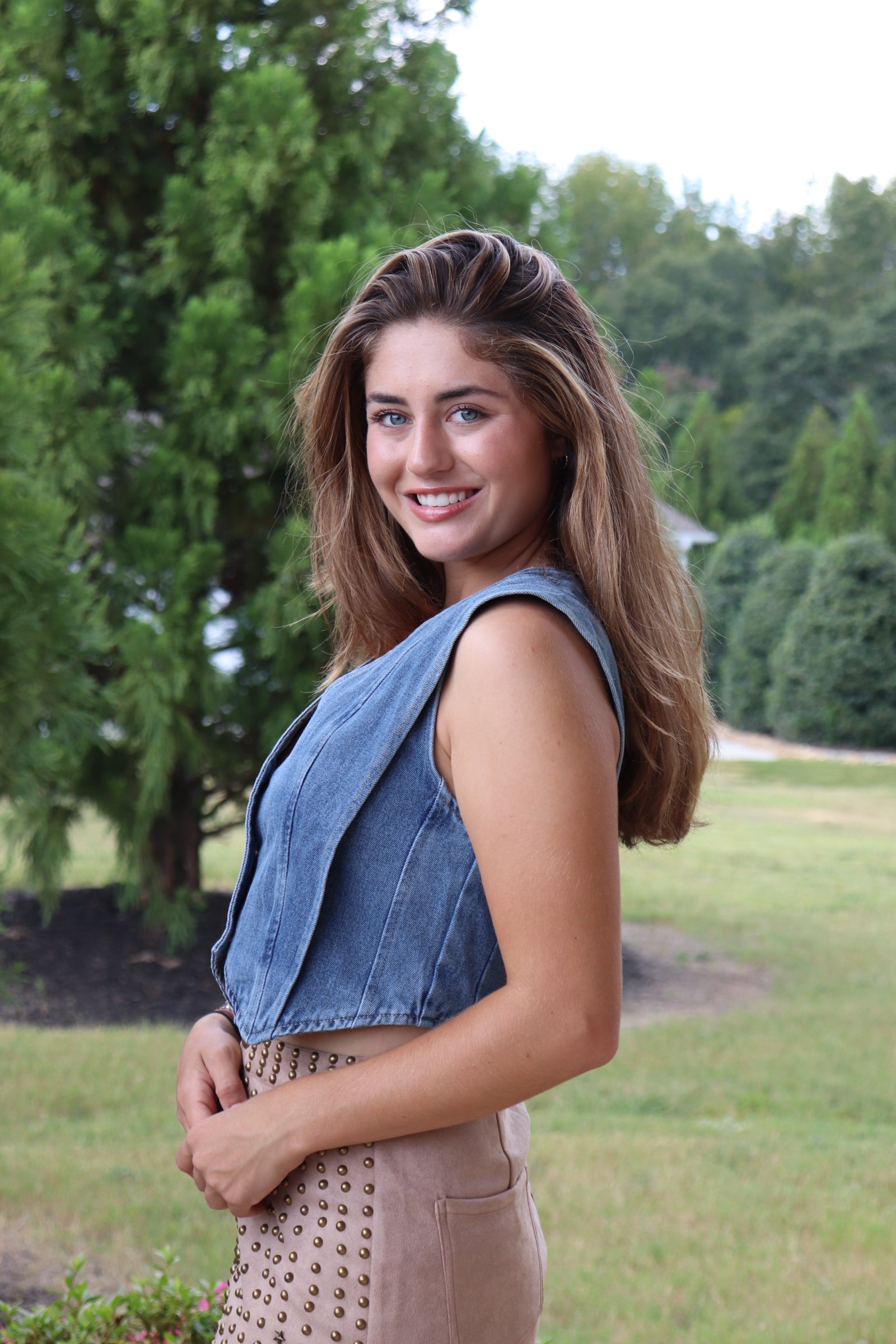 Cropped Denim Vest and taupe suede stud skirt