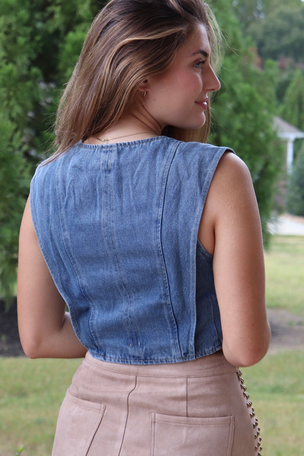 Cropped Denim Vest and taupe suede stud skirt