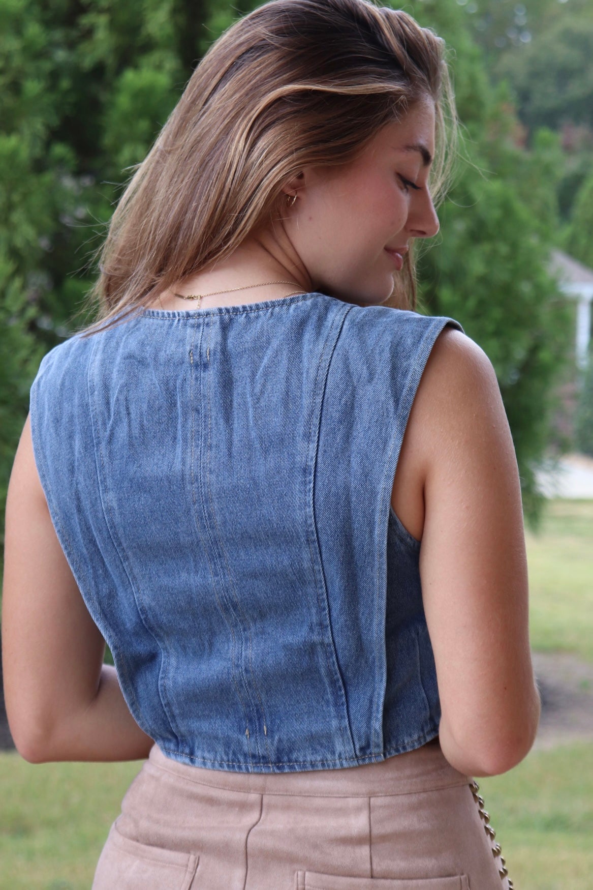 Cropped Denim Vest and taupe suede stud skirt