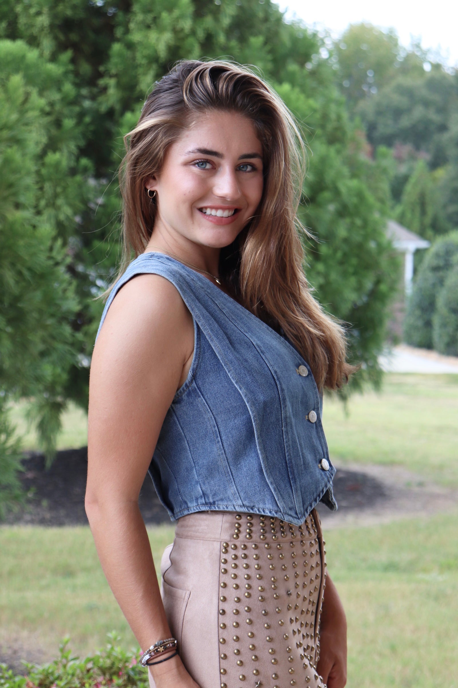 Cropped Denim Vest and taupe suede stud skirt