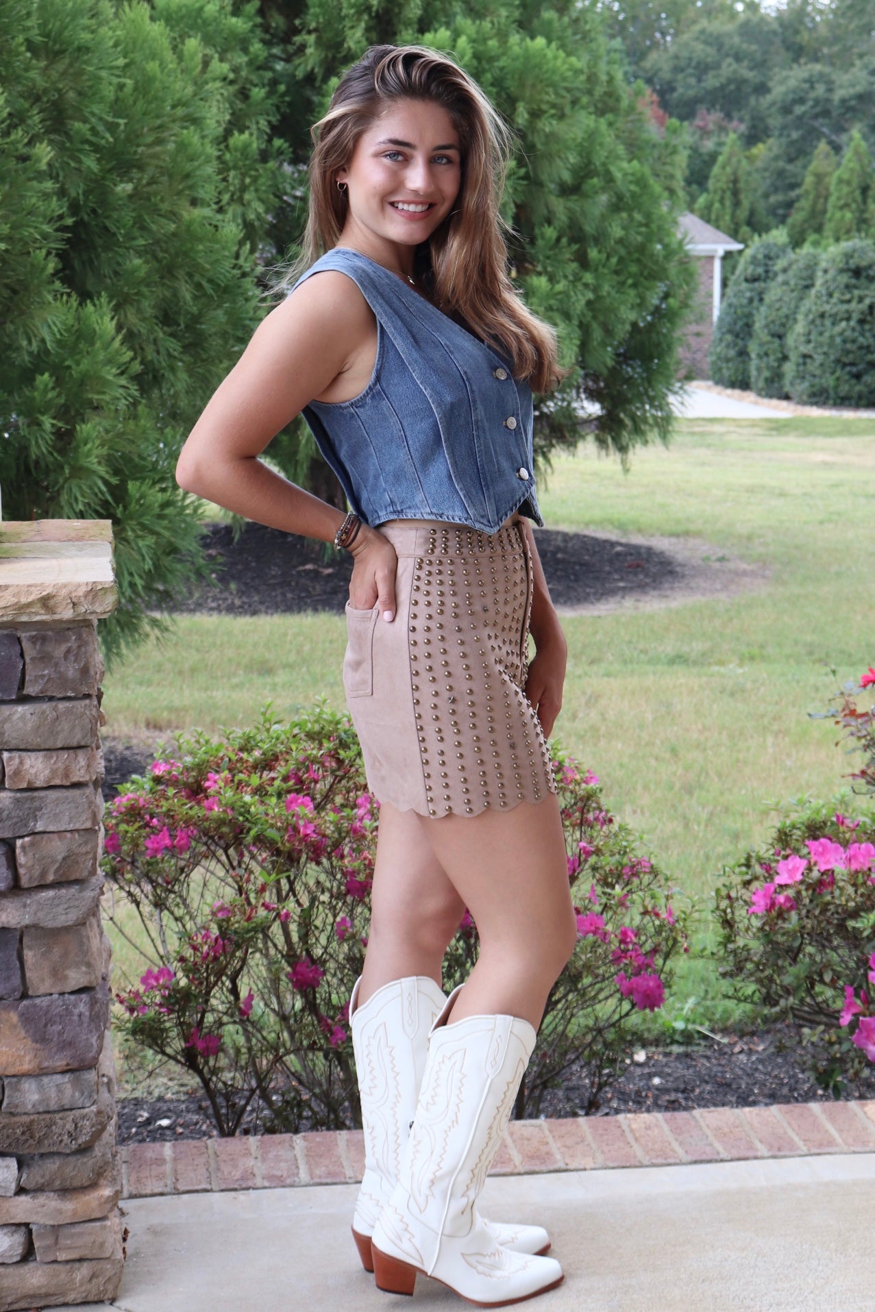 Cropped Denim Vest and taupe suede stud skirt white cowgirl boots