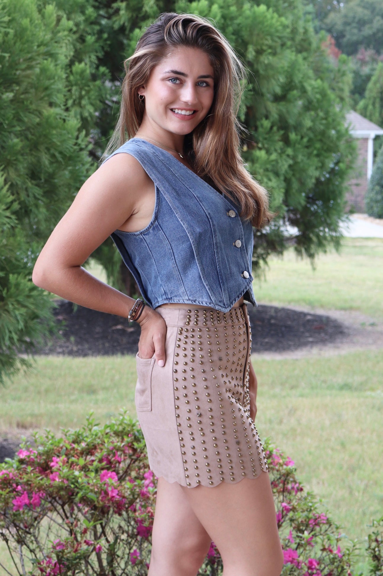 Cropped Denim Vest and taupe suede stud skirt