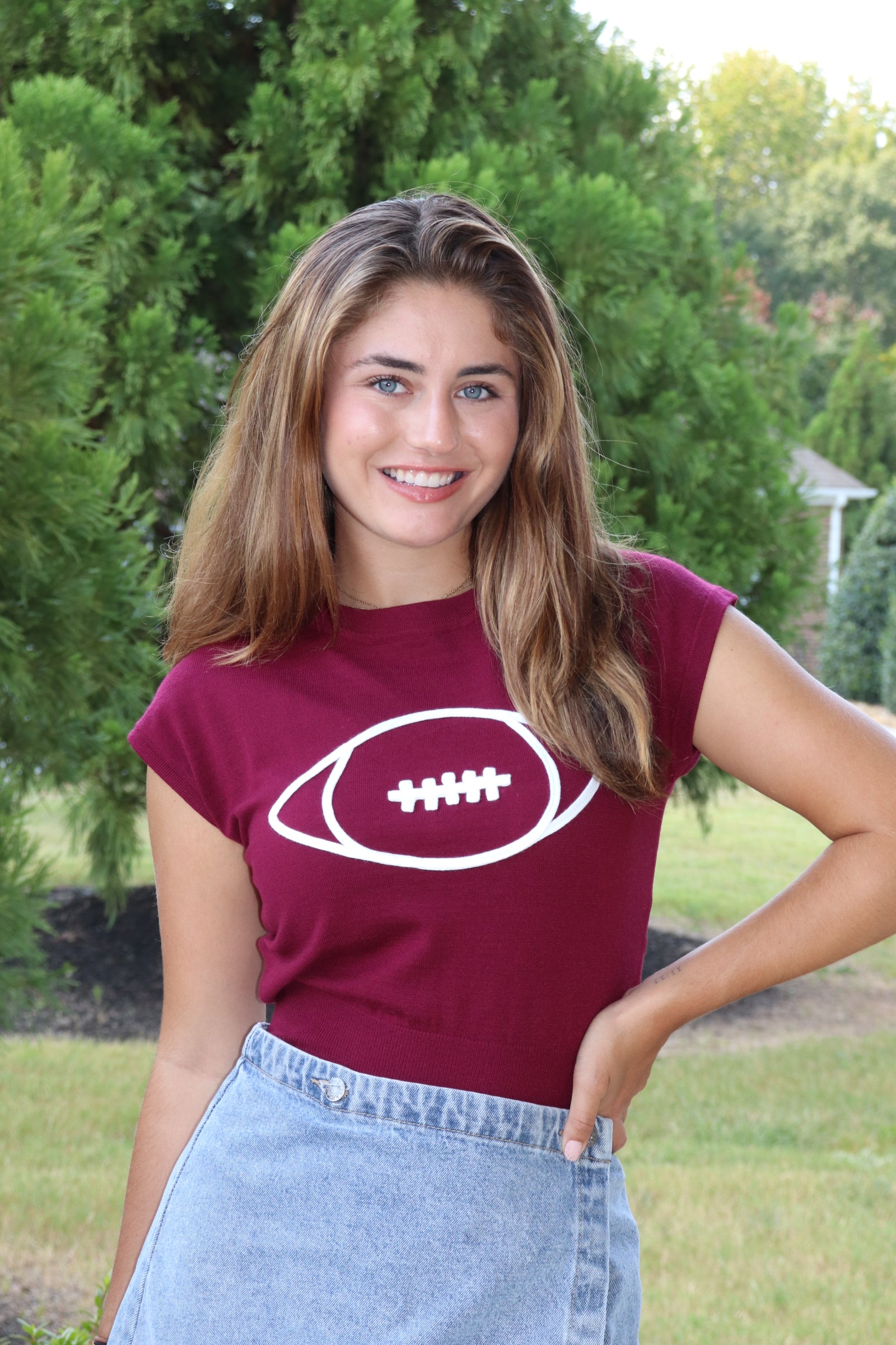 Garnet Cap Sleeve Sweater with White Embroidered Football