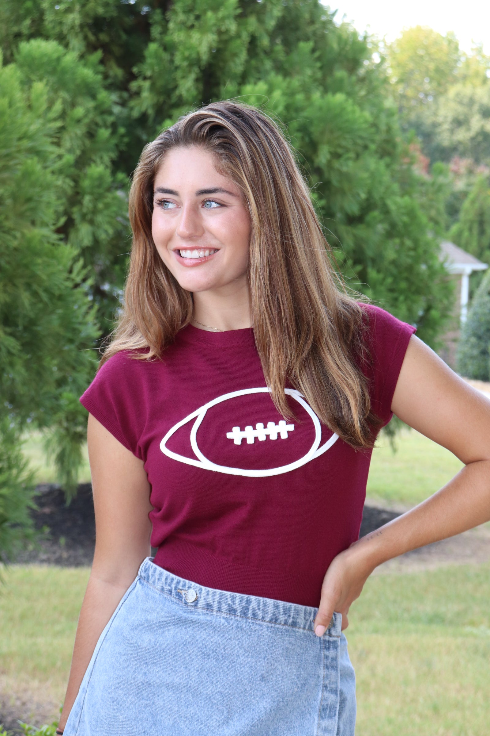 Garnet Cap Sleeve Sweater with White Embroidered Football