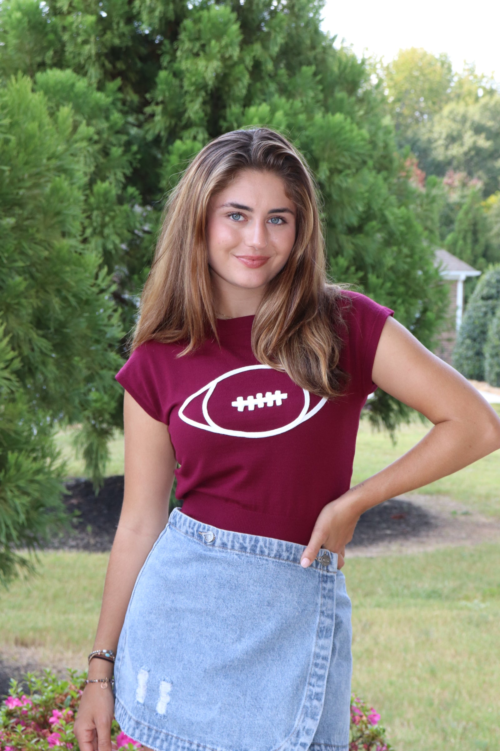 Garnet Cap Sleeve Sweater with White Embroidered Football