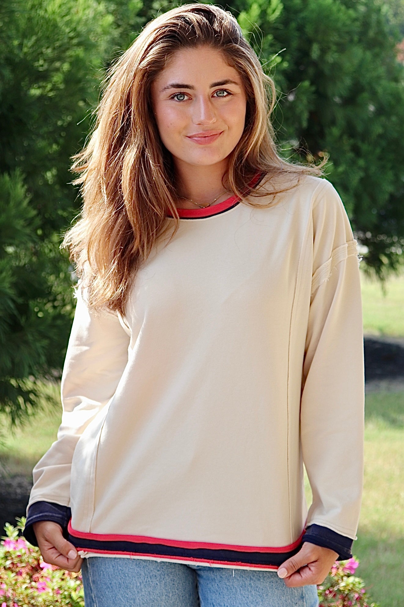 Cream Sweatshirt Navy/Red Trim