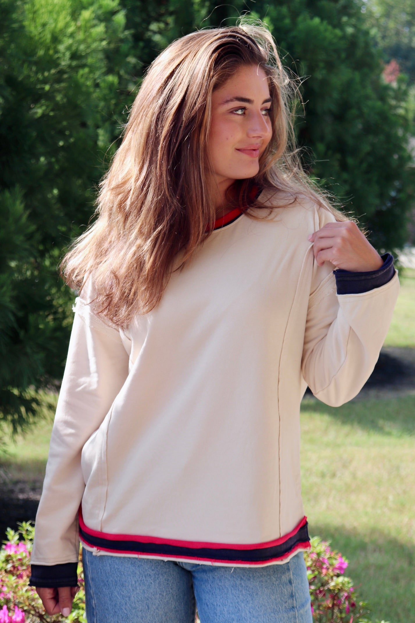 Cream Sweatshirt Navy/Red Trim