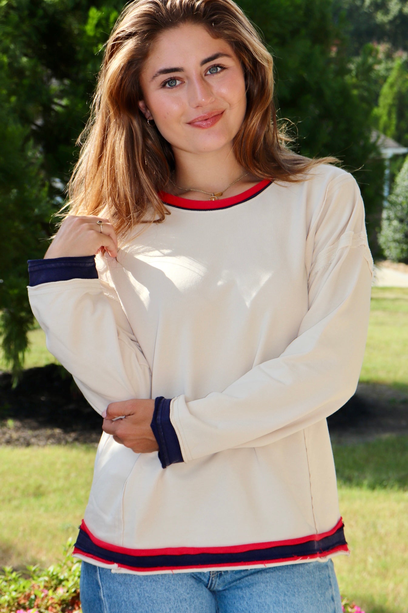Cream Sweatshirt Navy/Red Trim