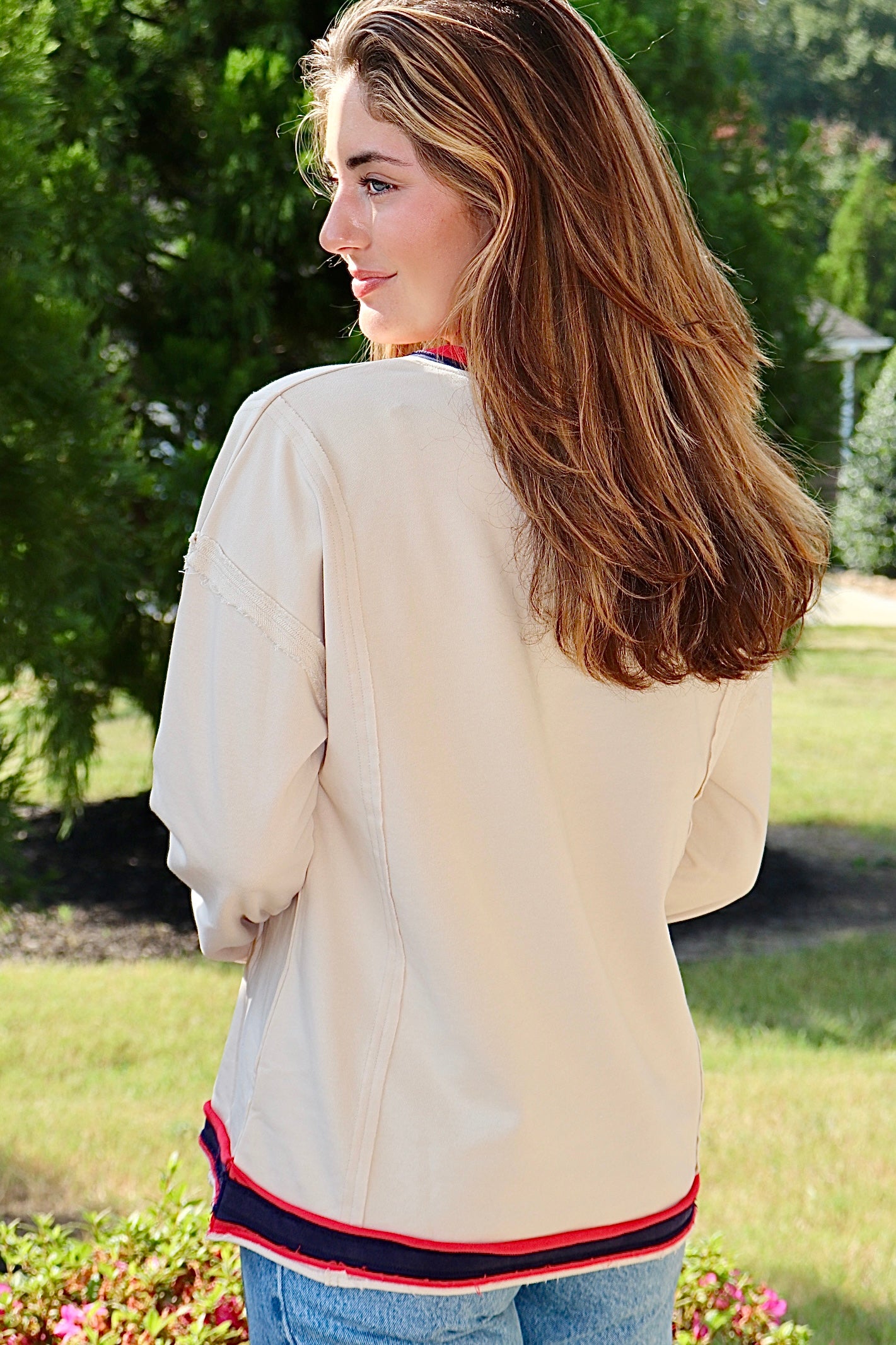 Cream Sweatshirt Navy/Red Trim