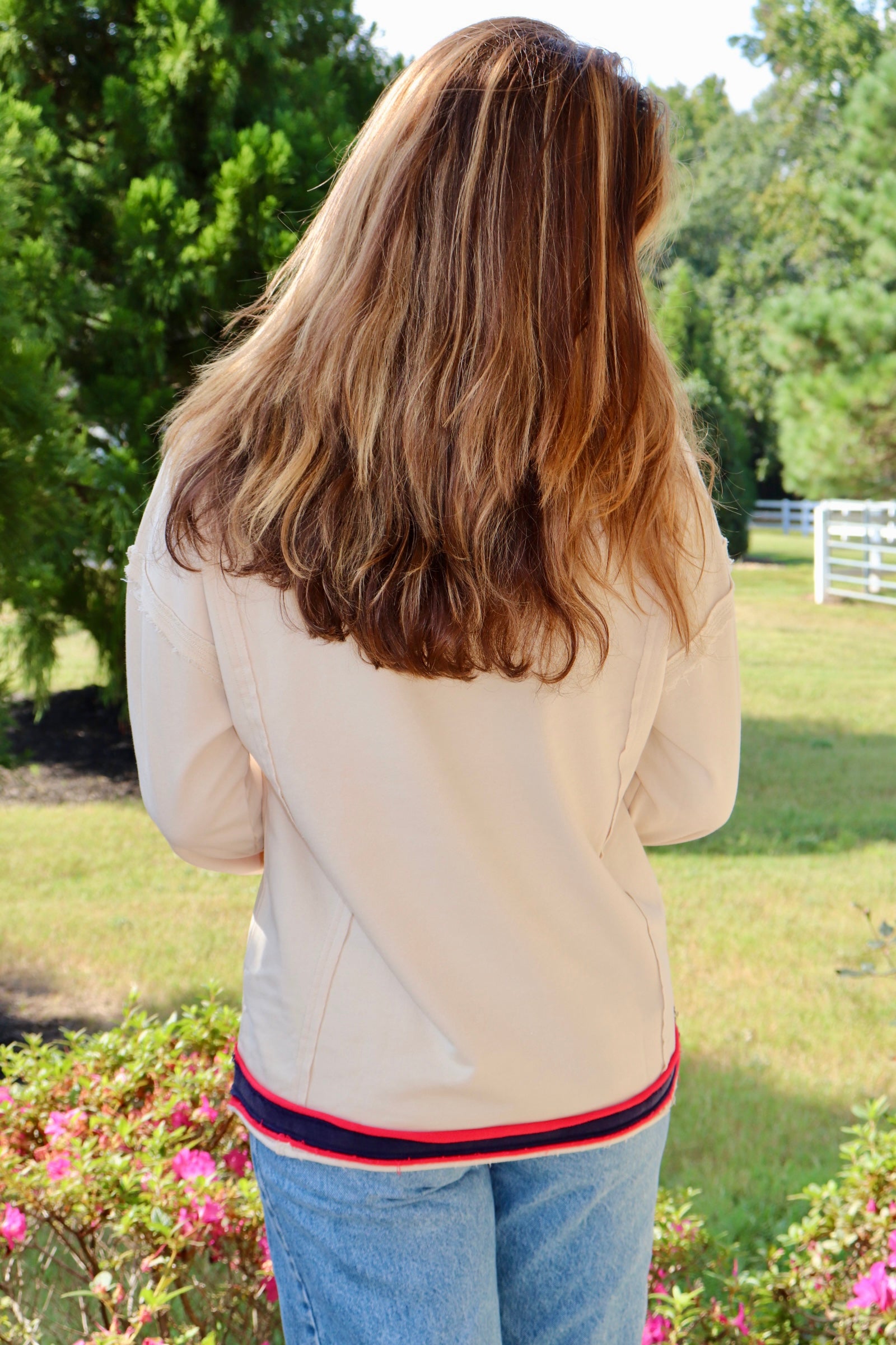 Cream Sweatshirt Navy/Red Trim