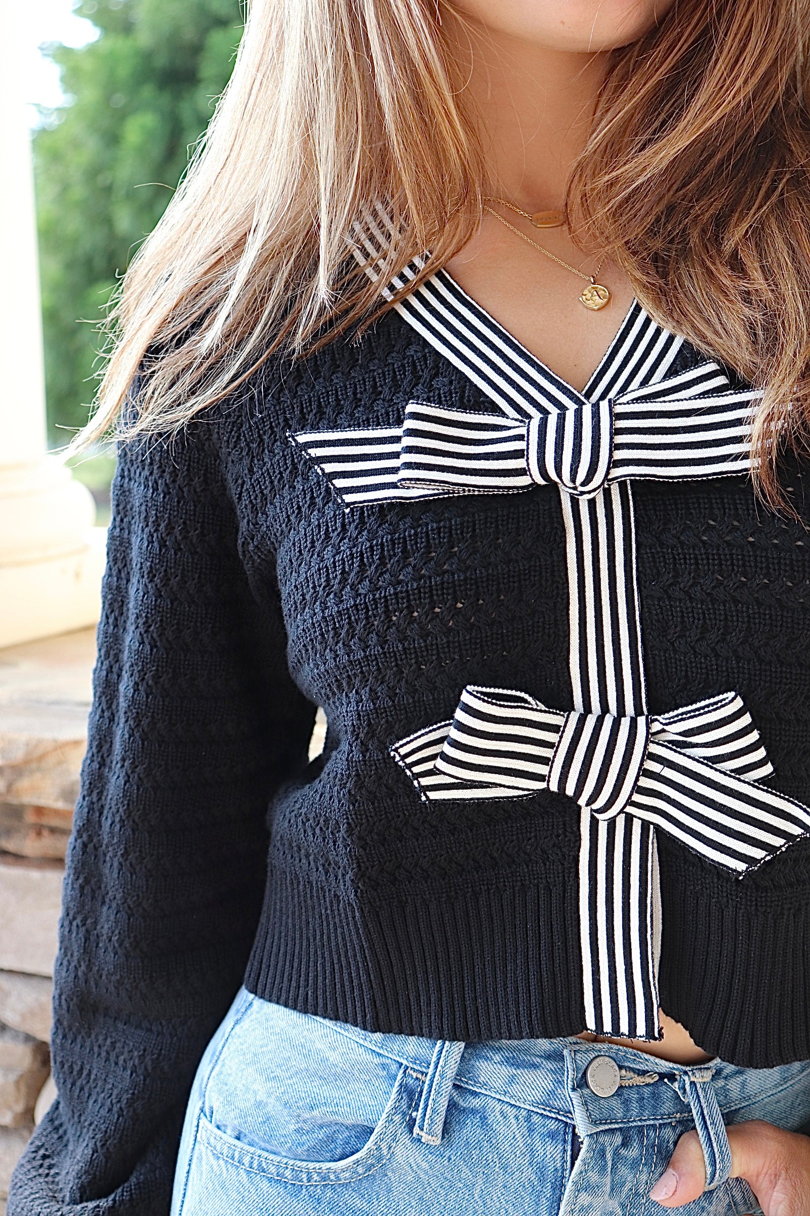 Black and white Bow Front Black Sweater