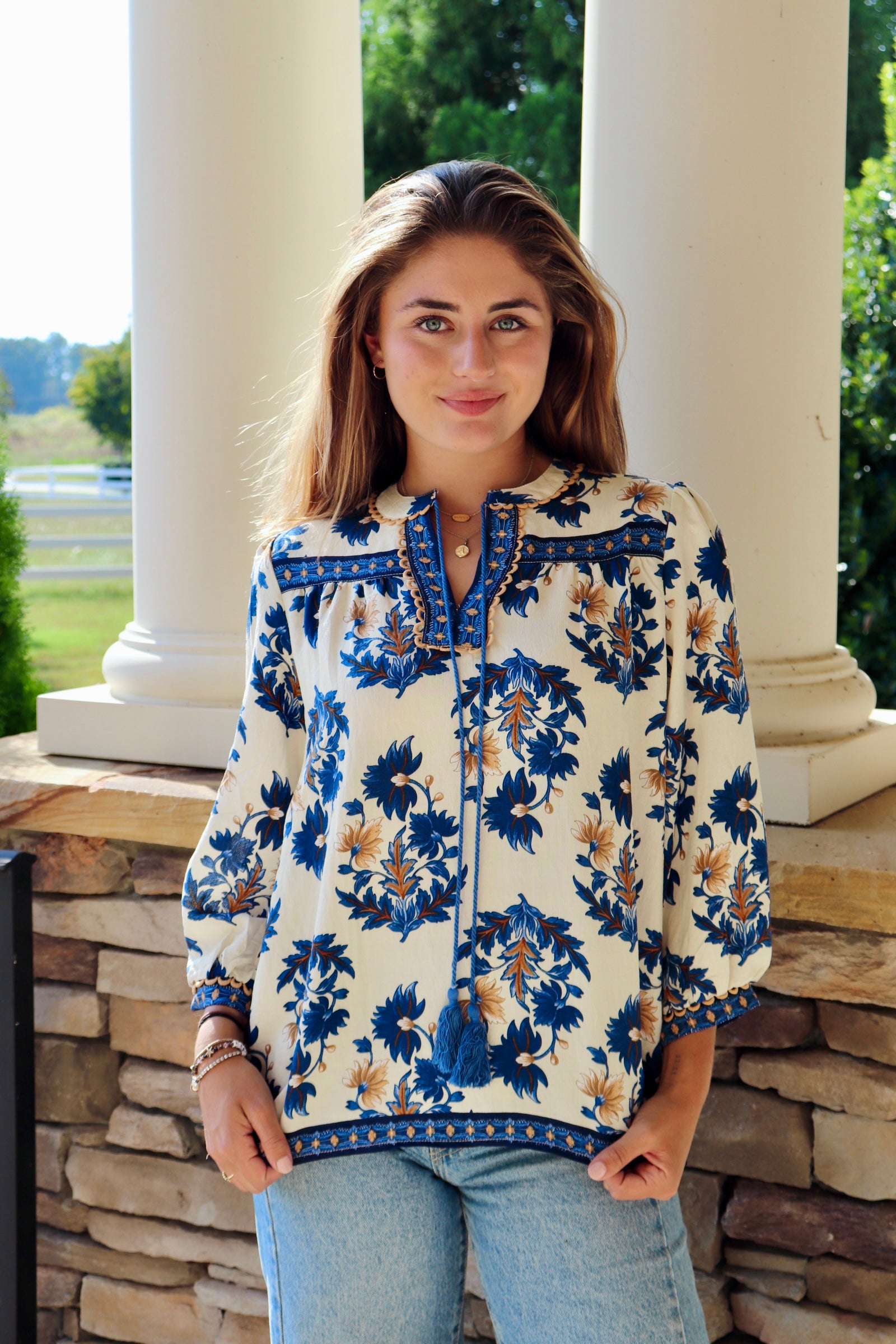 Blue & Taupe Floral Fall Print 3/4 Sleeve Blouse with tassels